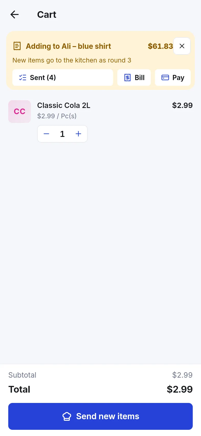 Cart adding items to an existing tab with a banner saying new items go to the kitchen as round 3