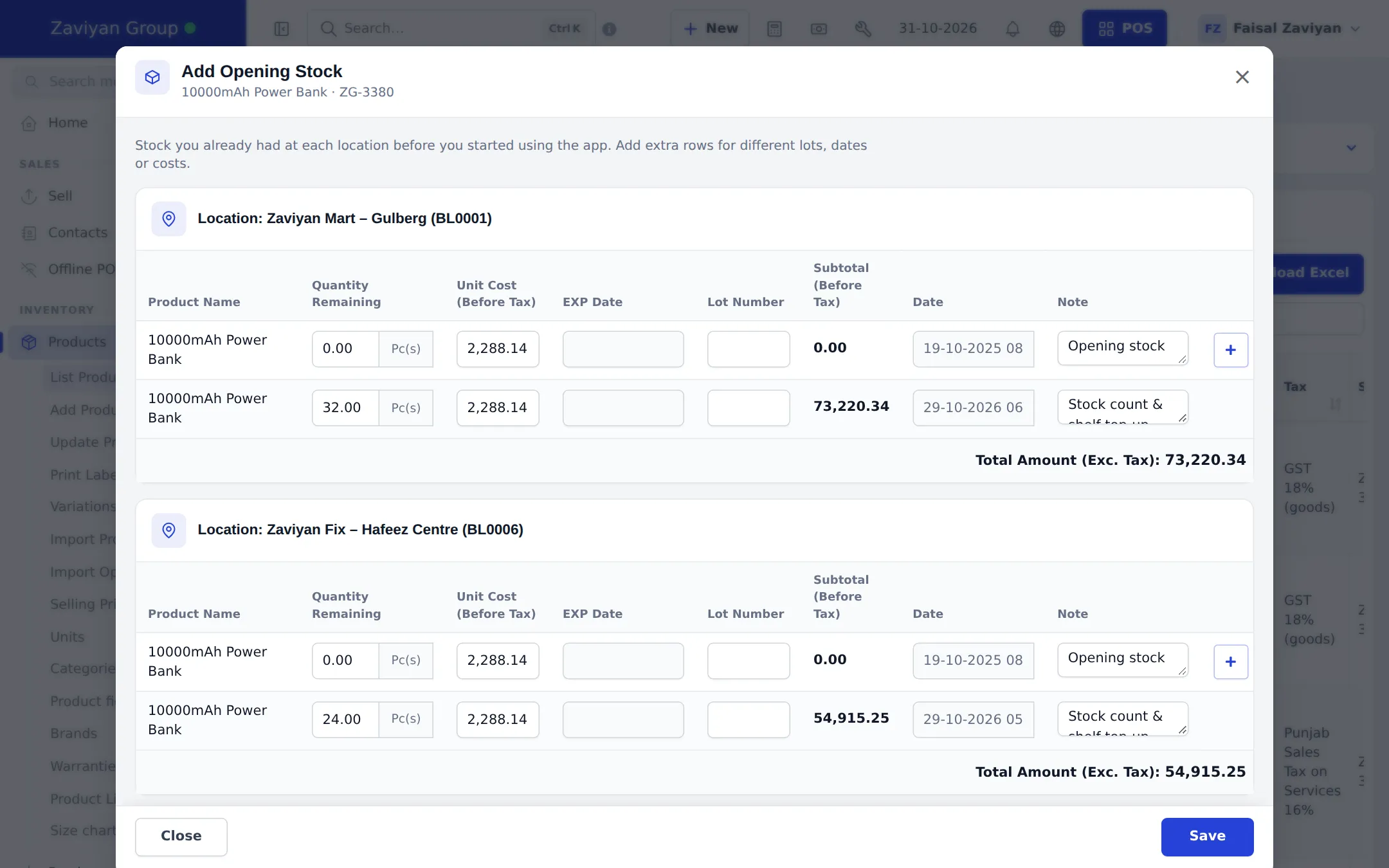 Add Opening Stock window for 10000mAh Power Bank with one card per location, each with rows of Quantity Remaining, Unit Cost (Before Tax), EXP Date, Lot Number, Subtotal, Date and Note, and Total Amount per location