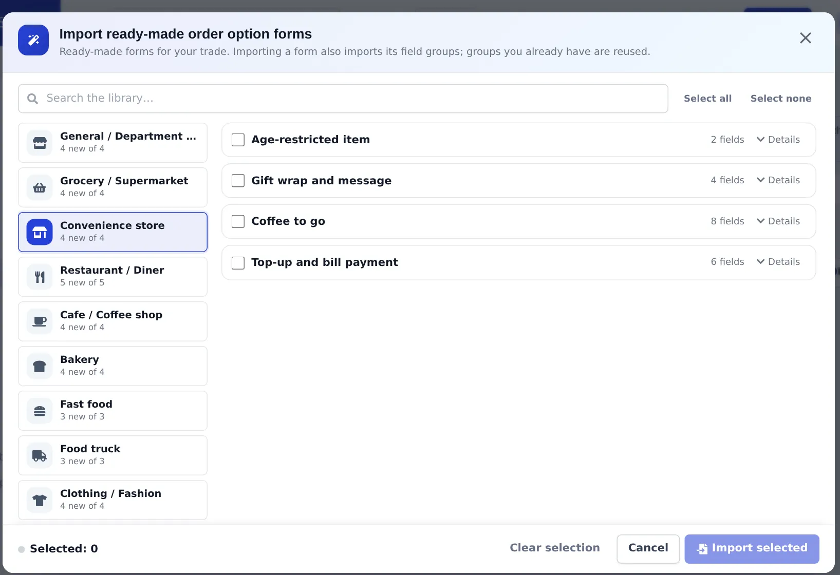 Import ready-made order option forms with the Convenience store trade selected and the forms Age-restricted item, Gift wrap and message, Coffee to go and Top-up and bill payment