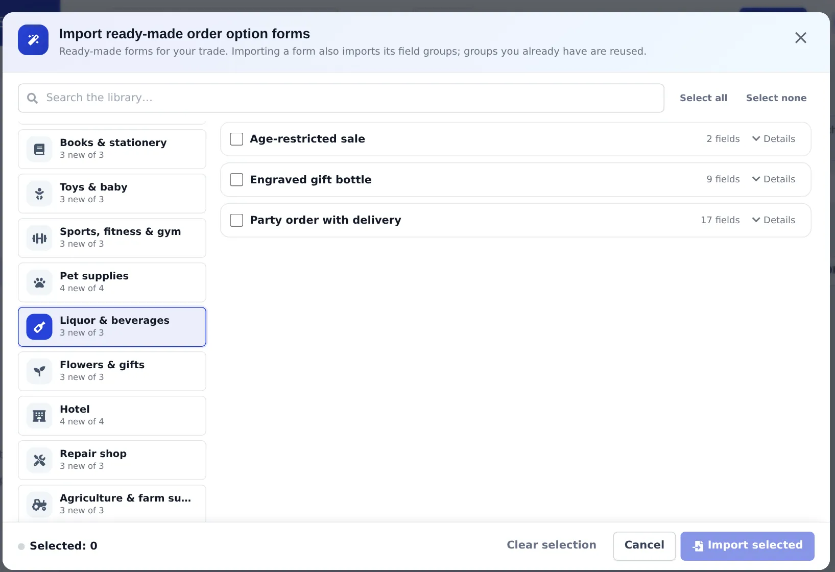 Import ready-made order option forms window with the Liquor & beverages trade selected and the forms Age-restricted sale with 2 fields, Engraved gift bottle with 9 fields and Party order with delivery with 17 fields
