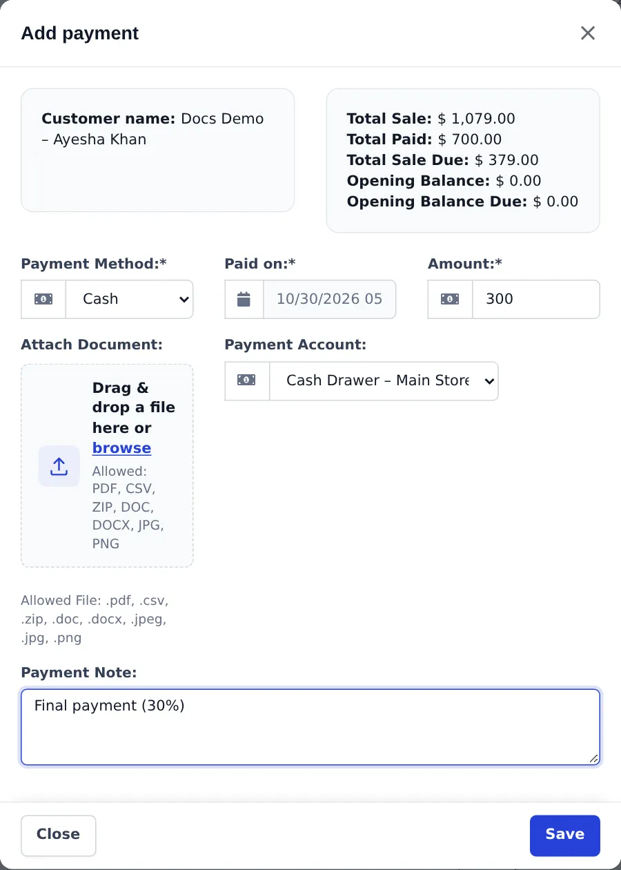 Add payment window for the customer: total sale 1,079, total paid 700, total sale due 379, amount 300 cash