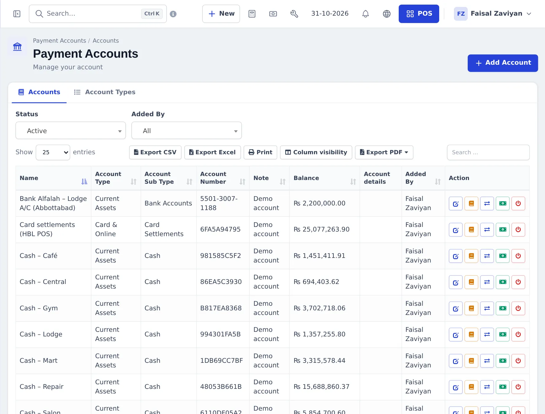 Payment Accounts list with Accounts and Account Types tabs and accounts such as bank accounts, card settlements and cash per shop with balances and action buttons