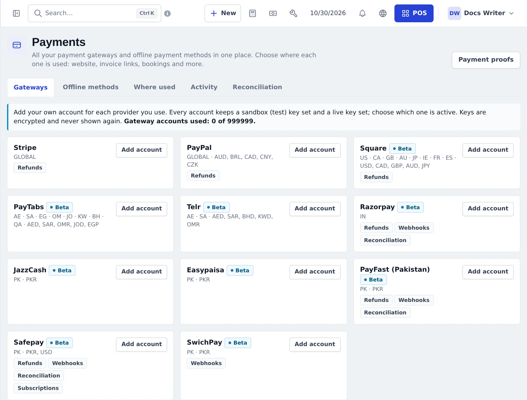 Settings Payments page with tabs Gateways, Offline methods, Where used, Activity and Reconciliation, and cards for Stripe, PayPal, Square, Razorpay and other providers with Add account buttons