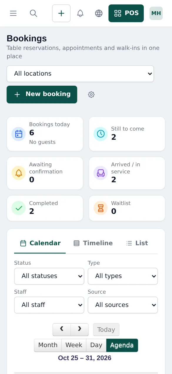Bookings page at phone width with booking counts, Calendar, Timeline and List tabs and filters