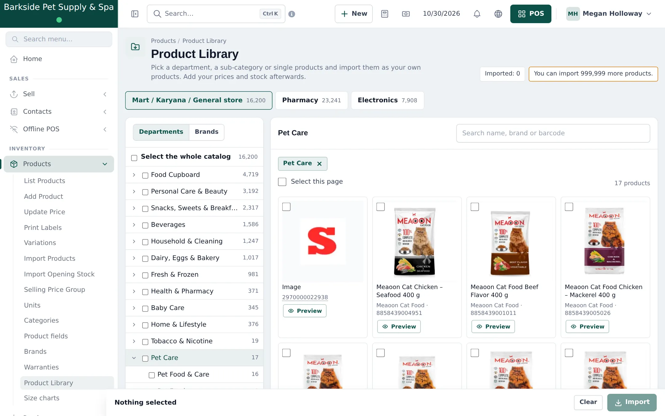 Product Library with the Mart catalog, the Pet Care department selected with 17 products such as cat food packs with brand and barcode, and Preview buttons