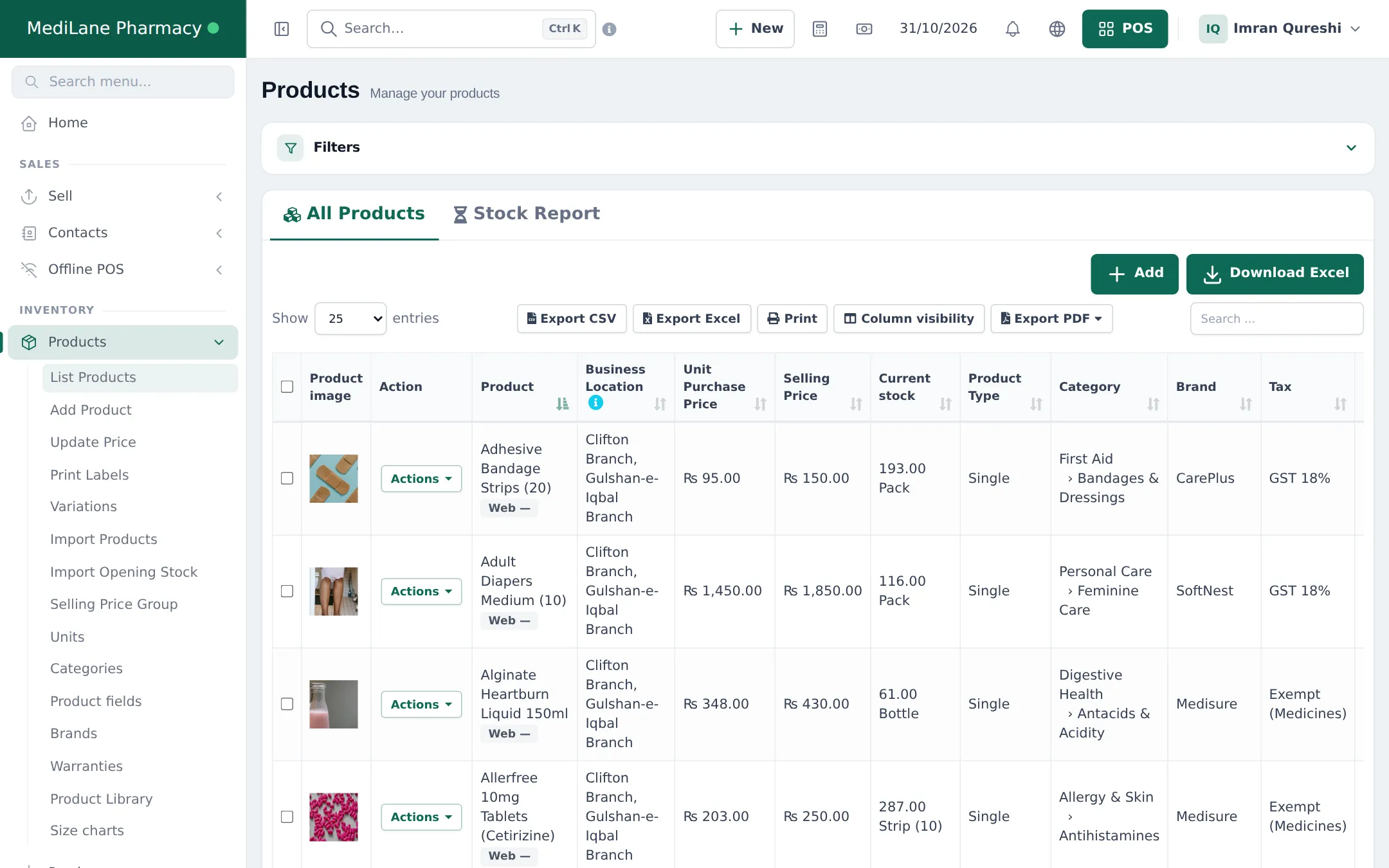 Products list of a pharmacy with medicines, locations, purchase and selling prices, stock in Pack, Bottle and Strip units, category and brand