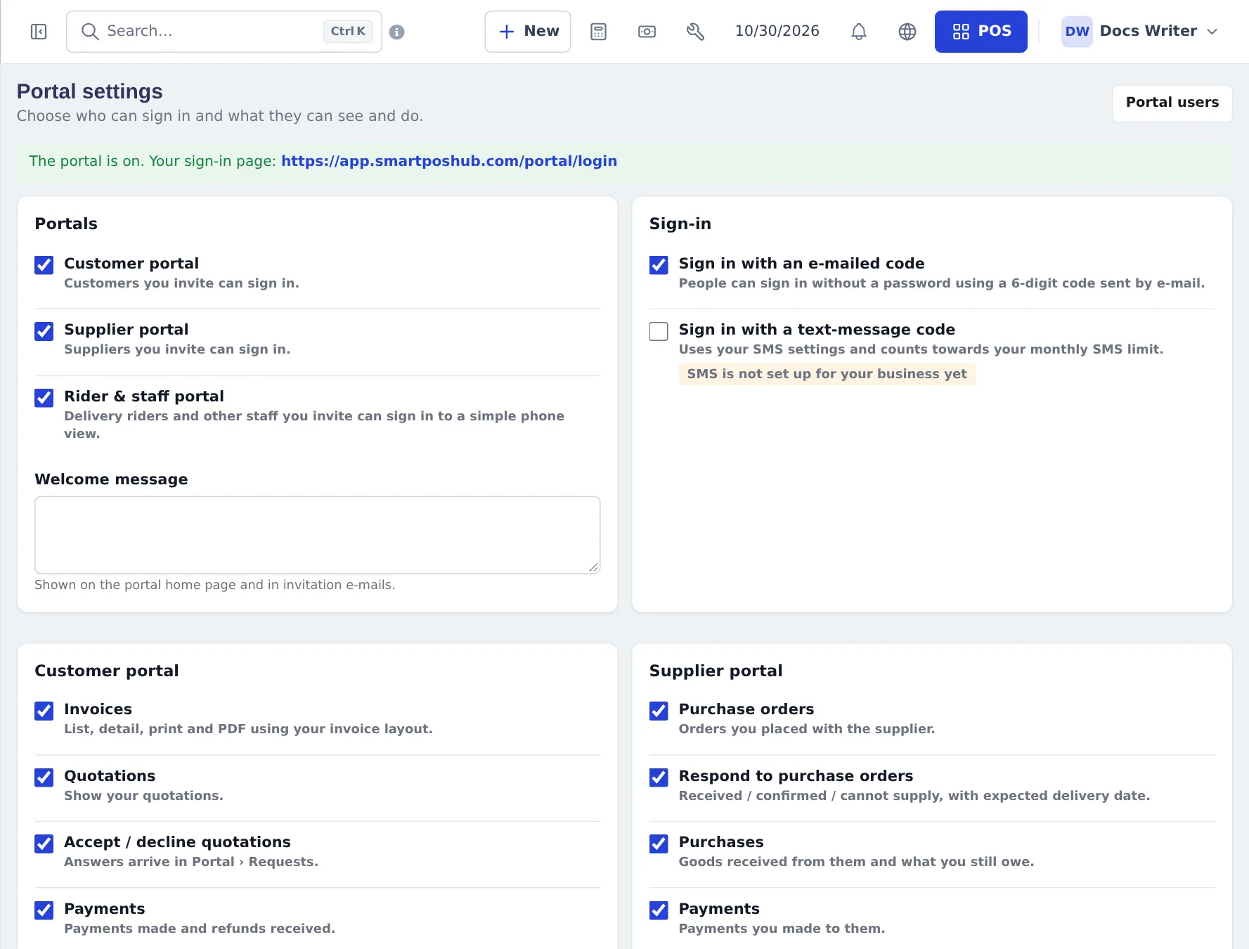 Portal settings with the sign-in page address, Portals (customer, supplier, rider and staff), sign-in options, welcome message and Customer portal and Supplier portal options