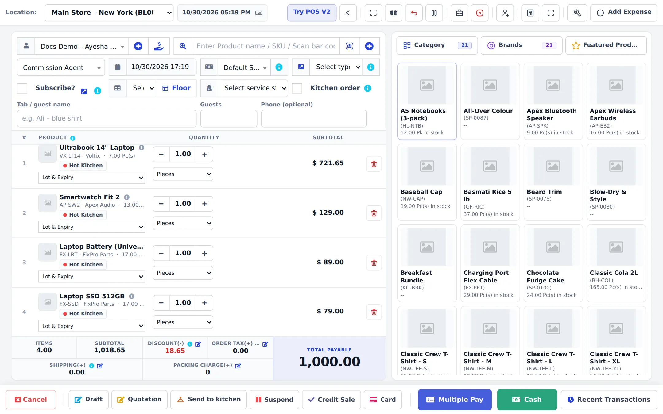 POS V1 screen with customer selected, four products in the cart, Total Payable 1,000.00 and the action bar with Draft, Quotation, Suspend, Credit Sale, Card, Multiple Pay and Cash