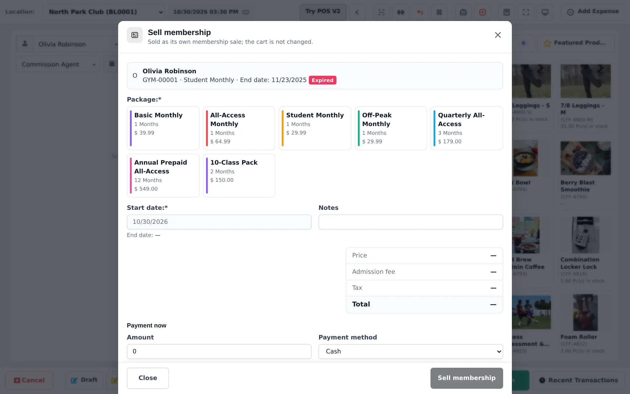 Sell membership window over the POS with the member's expired Student Monthly plan, package tiles such as Basic Monthly, All-Access Monthly and 10-Class Pack, start date, price summary and payment now