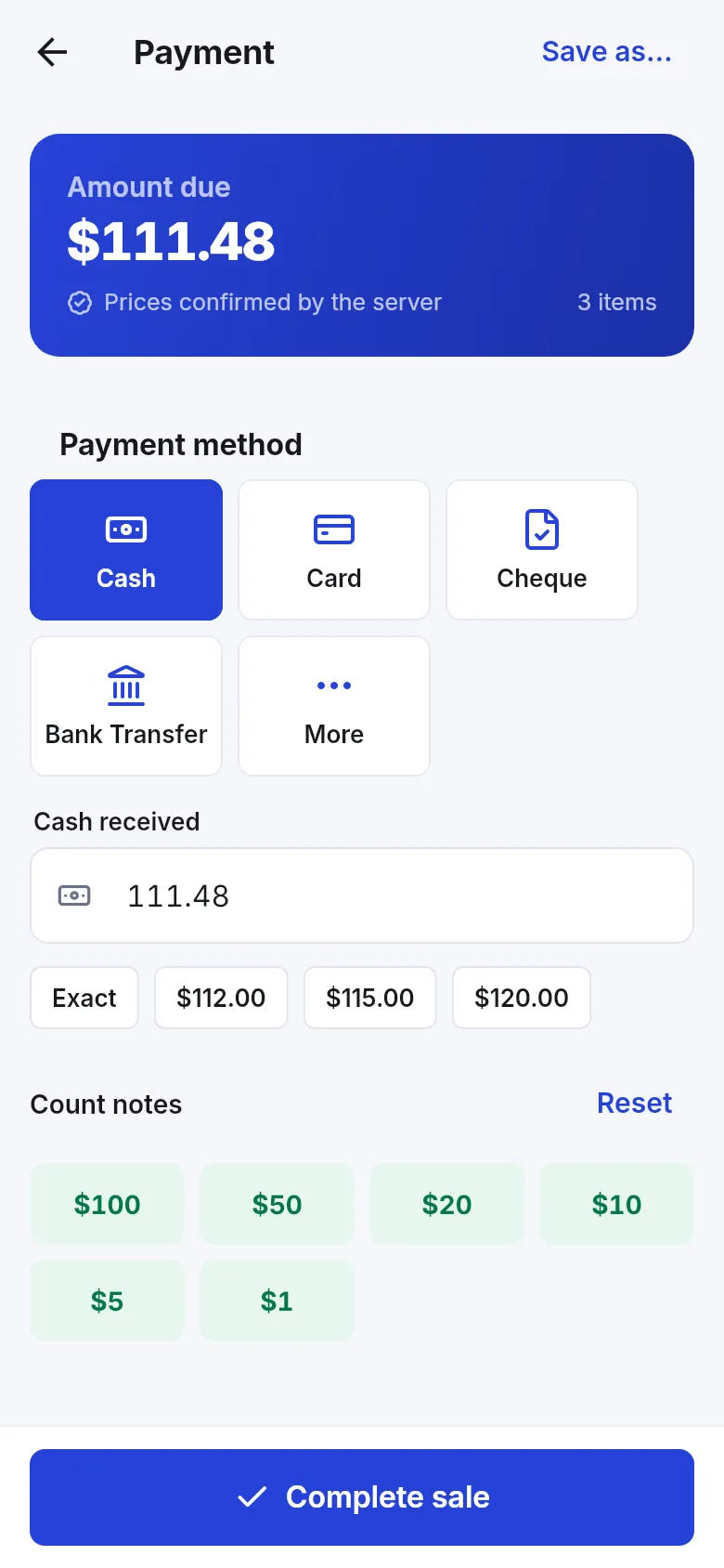 App payment screen with amount due and payment methods