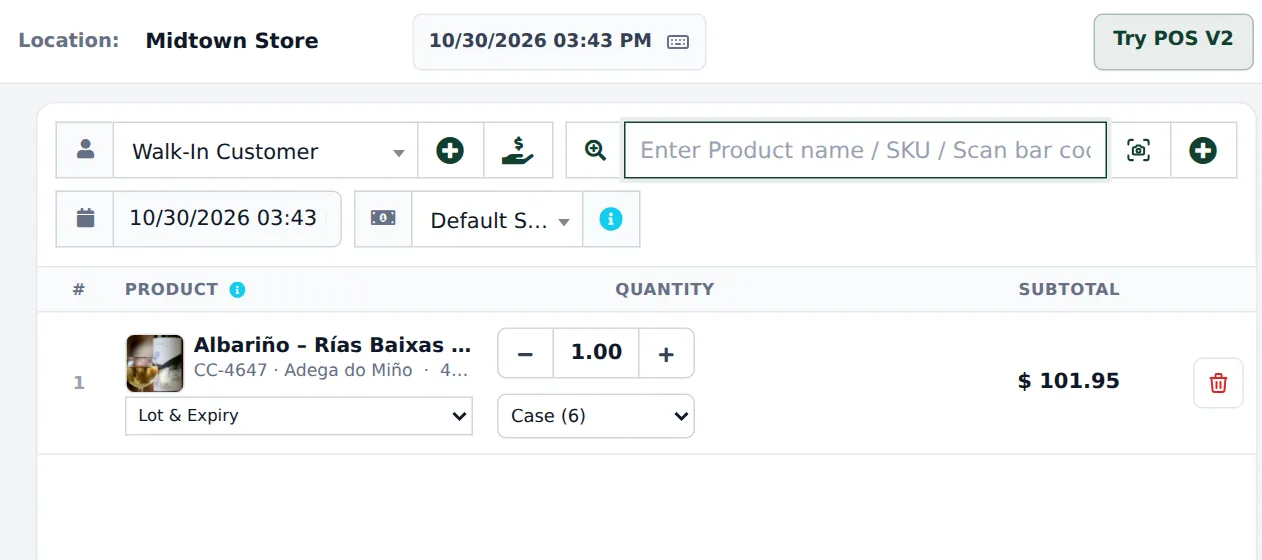 POS cart with Albariño sold as Case (6) for 101.95 with a Lot & Expiry selector and a unit dropdown