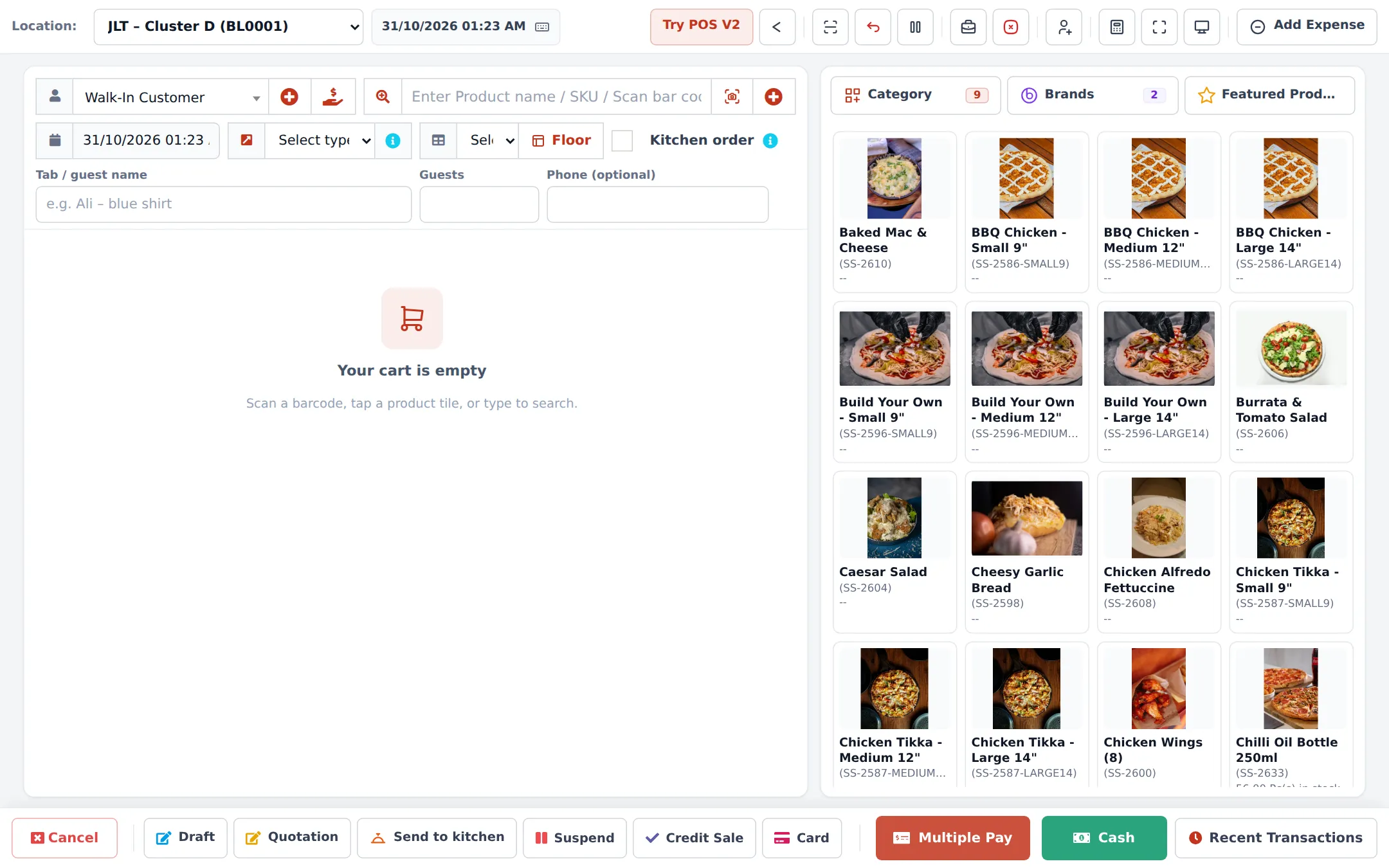 POS V1 with Walk-In Customer, type of service, Floor button, Kitchen order tick, Tab or guest name, Guests and Phone fields