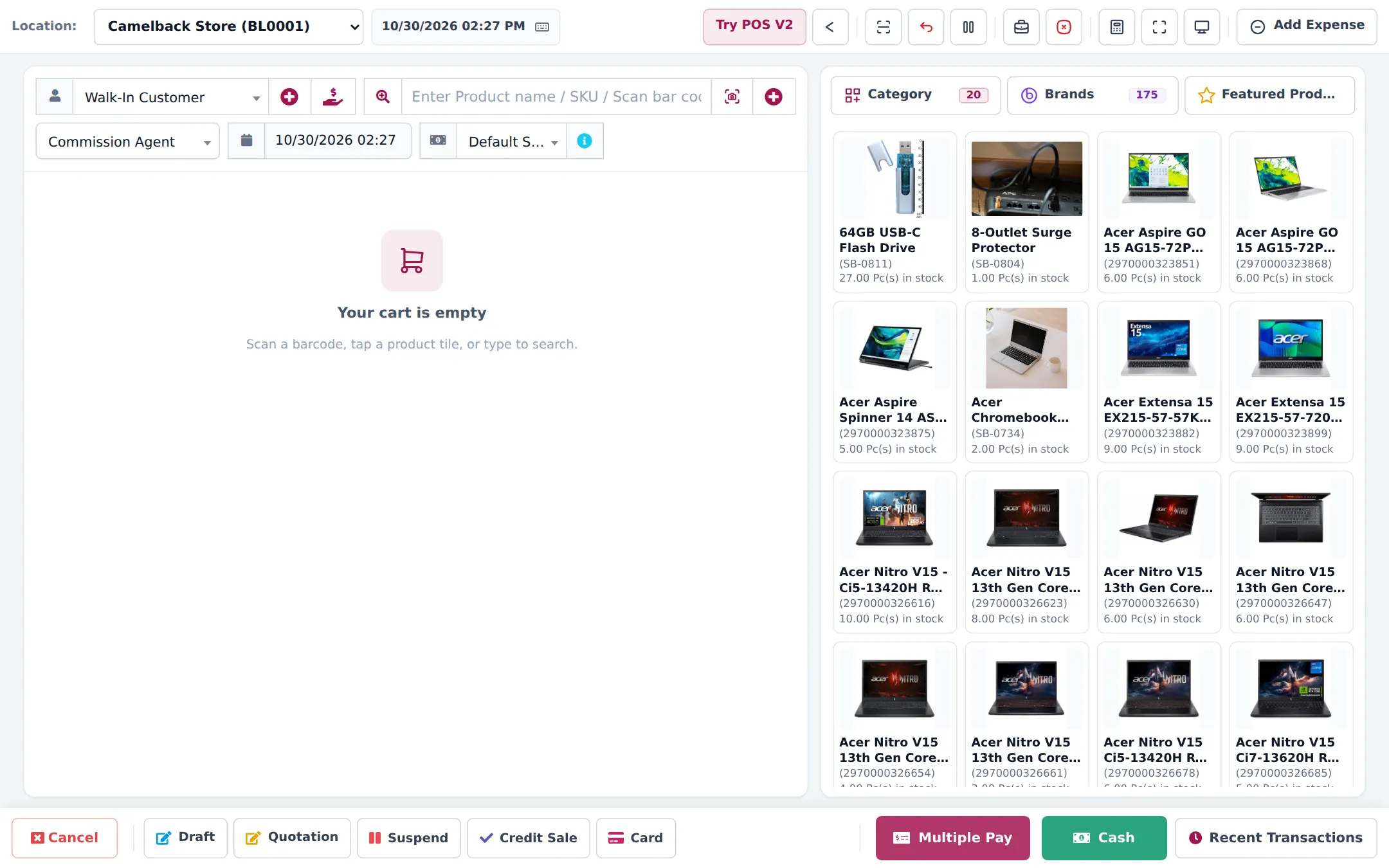 POS screen with location, customer, product search, a grid of laptop products with stock, and Draft, Quotation, Suspend, Credit Sale, Card, Multiple Pay and Cash buttons