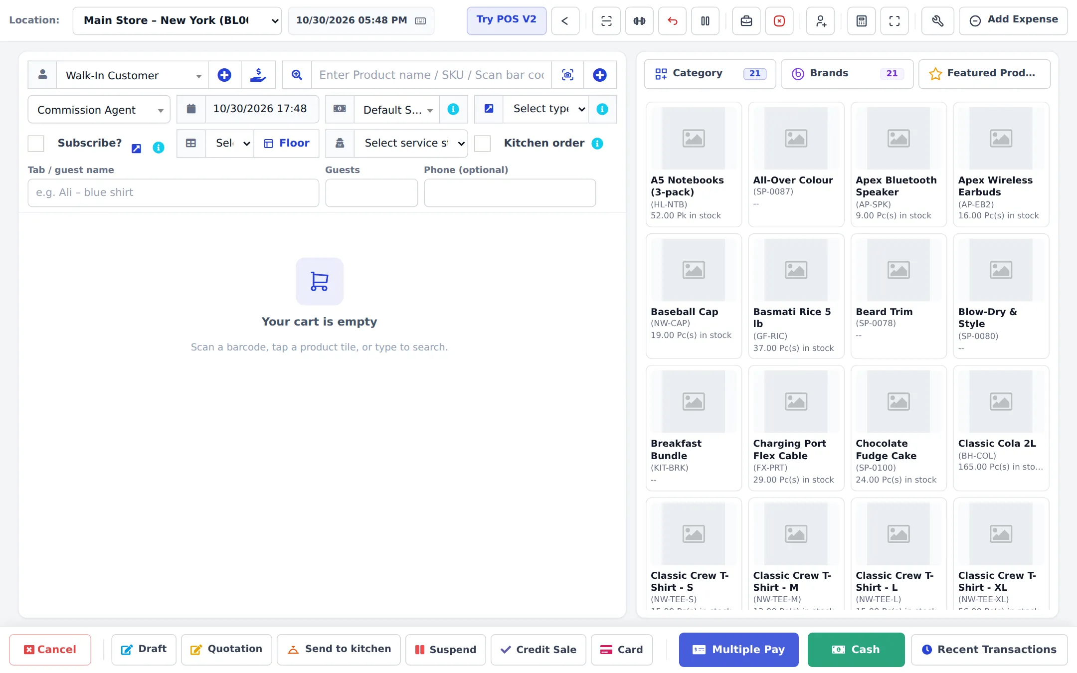 Empty POS V1 screen: location, date, Try POS V2 and icon buttons at the top; customer and product search on the left; Category, Brands and Featured Products tabs with product tiles on the right