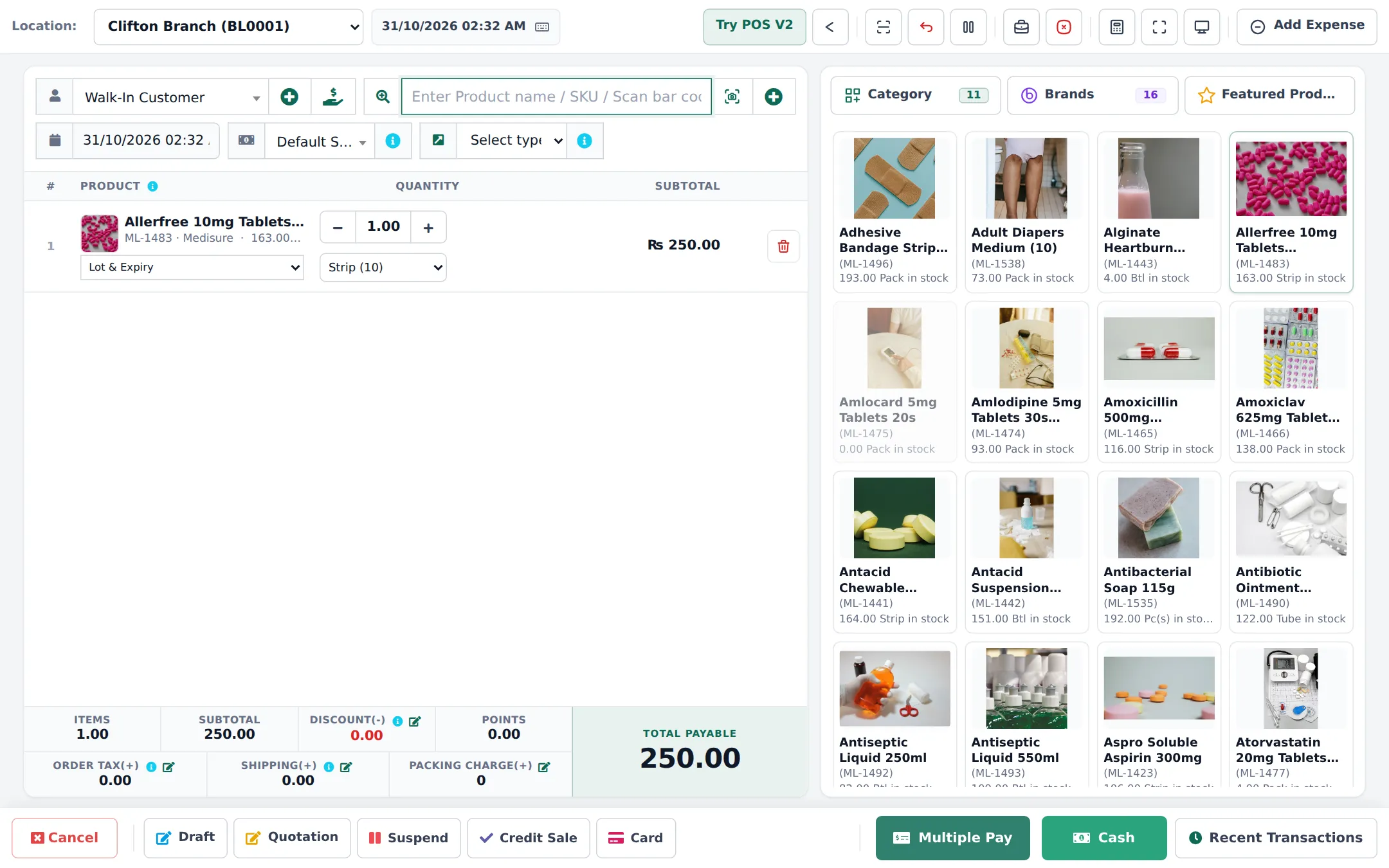 POS V1 with Allerfree 10mg Tablets in the cart, a Lot and Expiry dropdown and Strip (10) unit selected