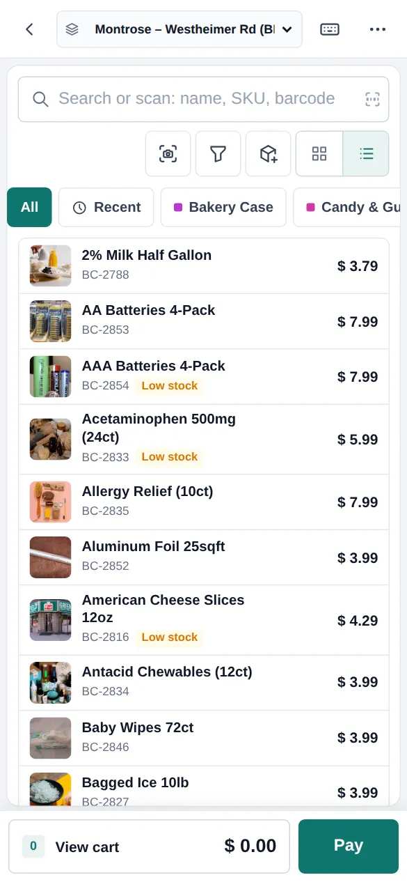 POS V2 on a phone with the store selector, a scan box, category tabs, products with prices and low stock badges, and a View cart and Pay bar