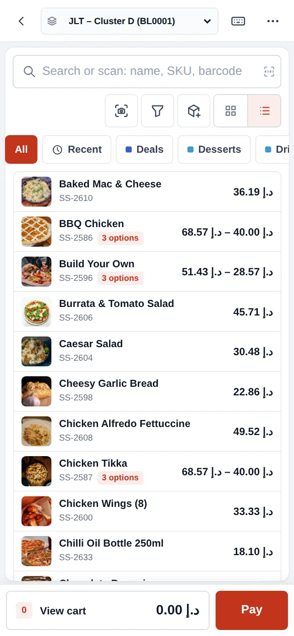 POS V2 on a phone with location picker, search box, category chips, product list and a bottom bar with View cart and Pay