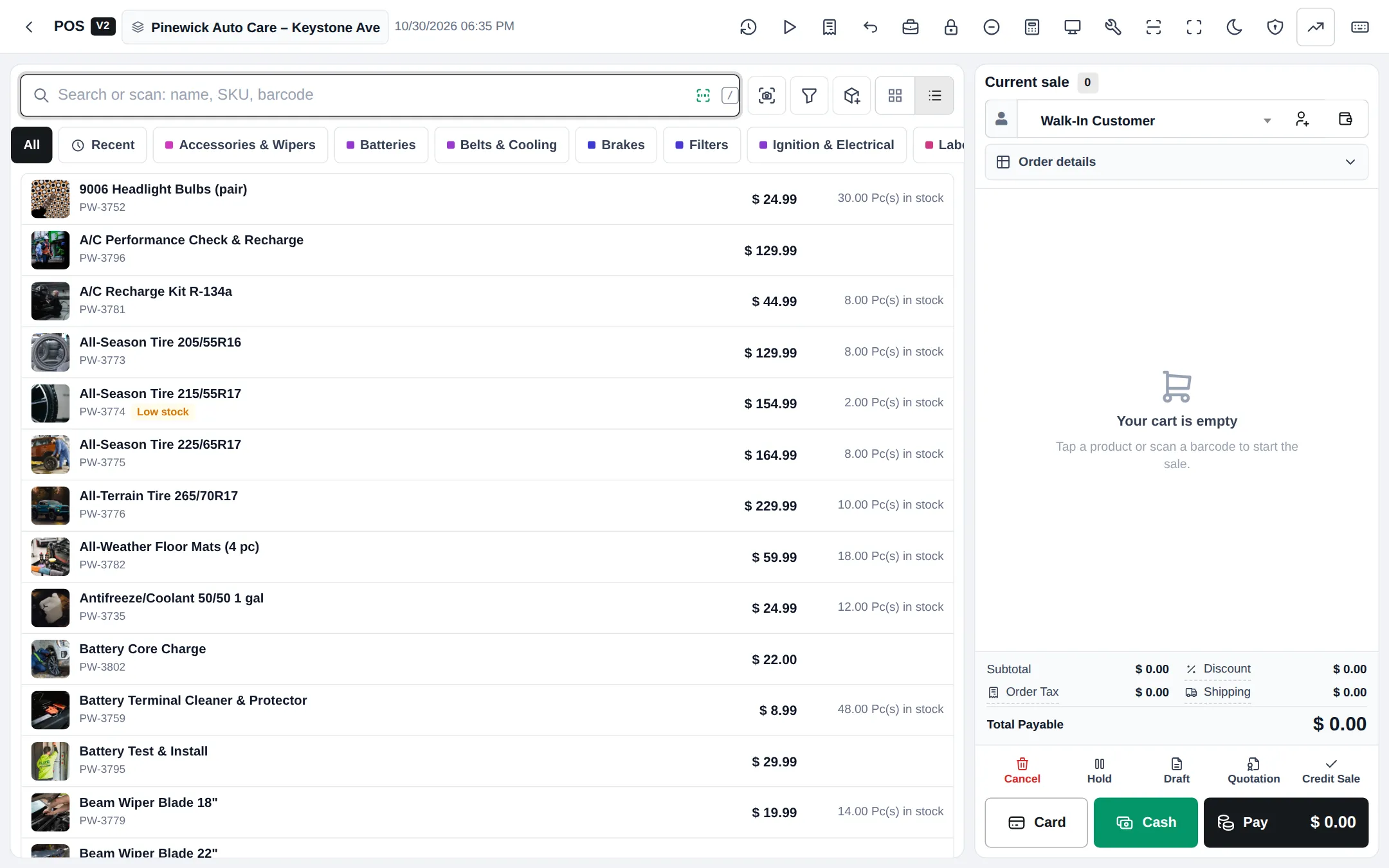 POS V2 of an auto shop with category tabs for accessories, batteries, belts, brakes and filters, and parts and services with prices and stock