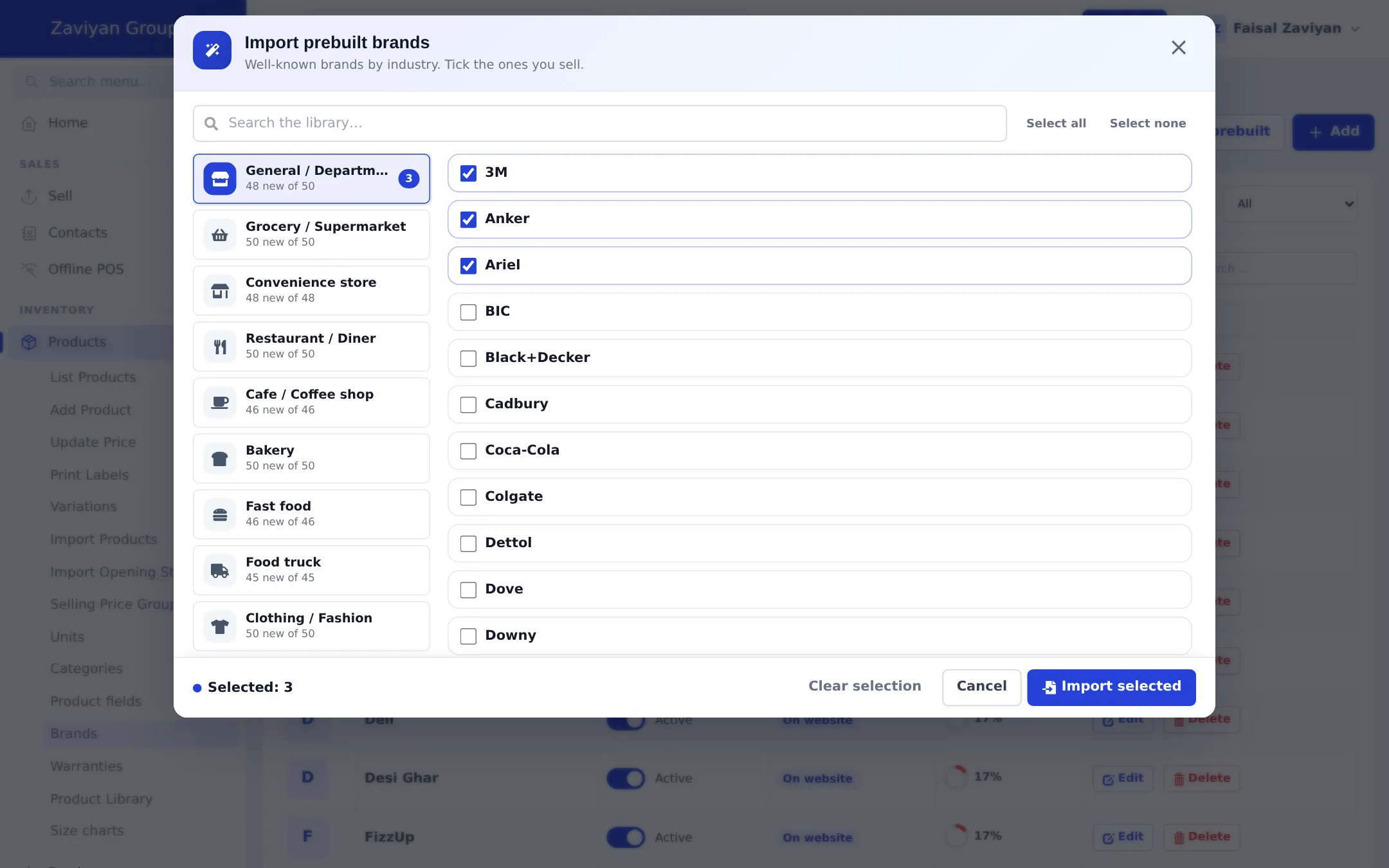 Import prebuilt brands window with General / Department store selected and 3M, Anker and Ariel ticked