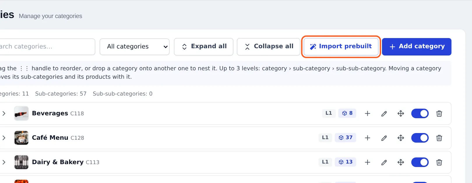 Categories page header with the Import prebuilt button highlighted next to Add category