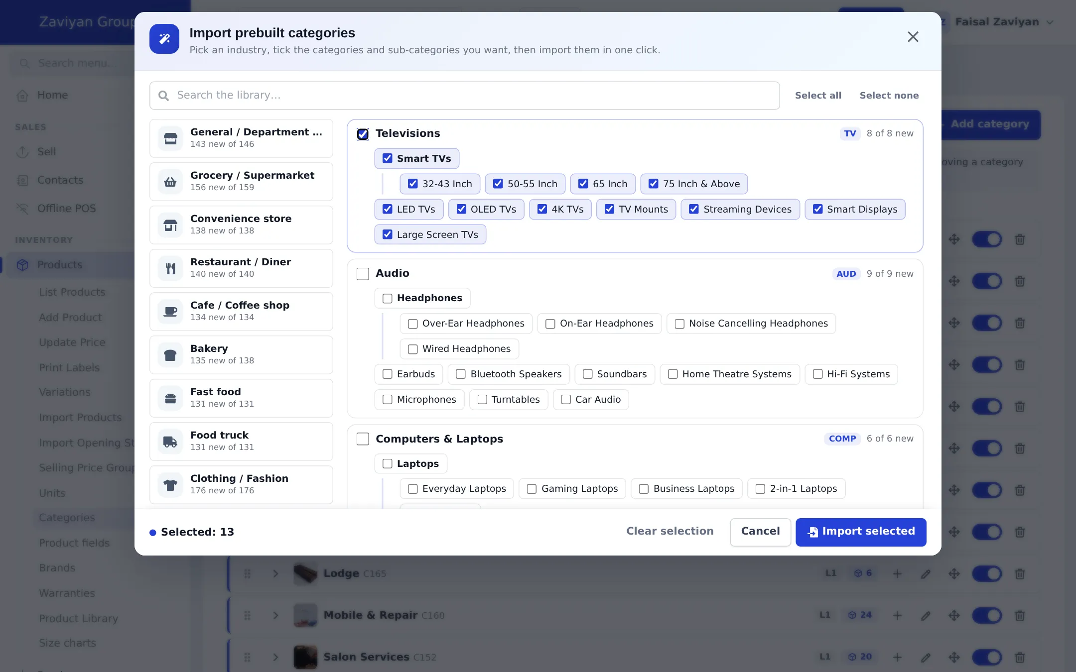 Import prebuilt categories window with industries on the left and Televisions with Smart TVs and size sub-categories ticked, Selected: 13 at the bottom