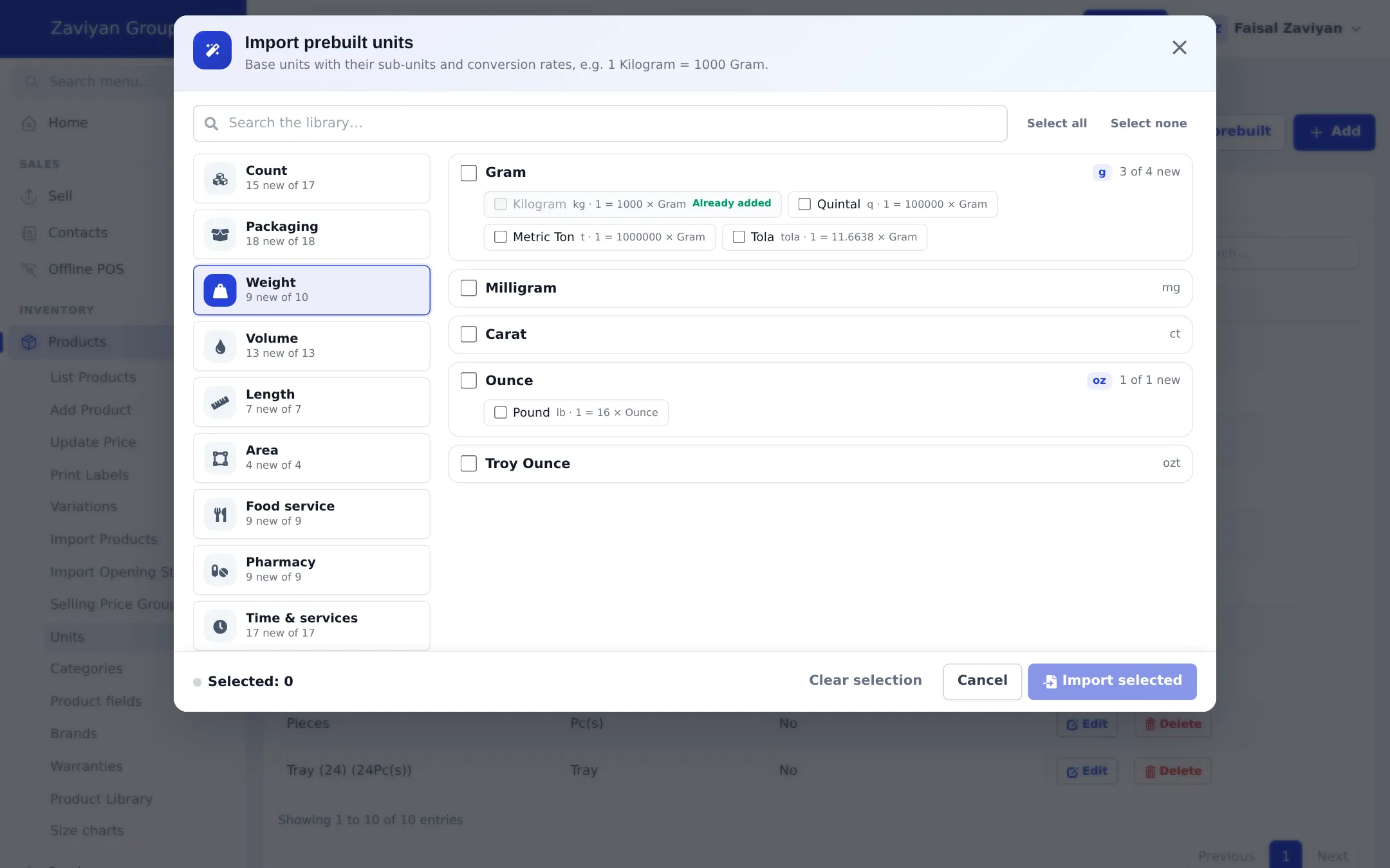 Import prebuilt units window on the Weight group showing Gram with Kilogram already added, Quintal, Metric Ton and Tola sub-units, plus Milligram, Carat, Ounce with Pound, and Troy Ounce