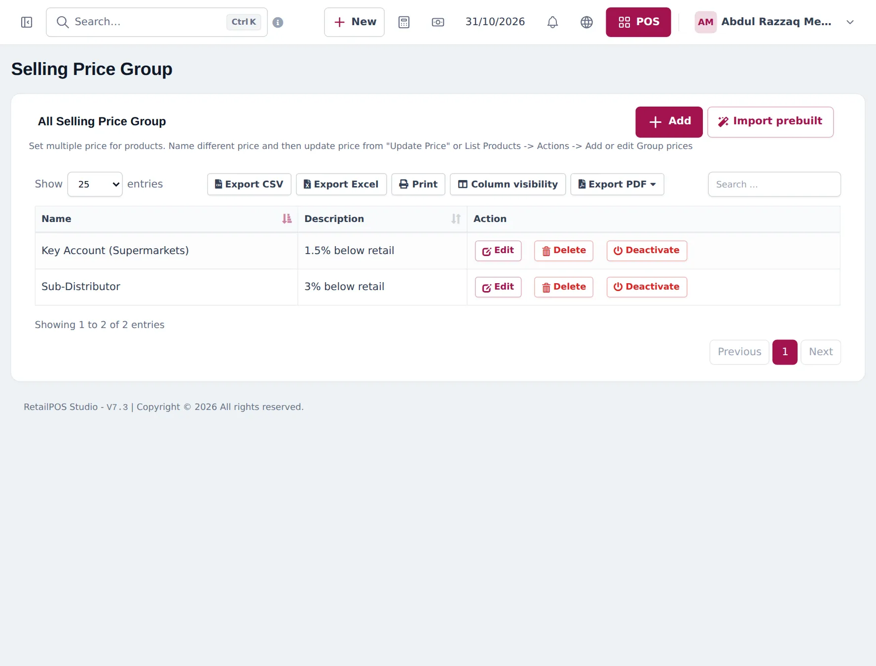 Selling Price Group list with Key Account (Supermarkets) 1.5% below retail and Sub-Distributor 3% below retail