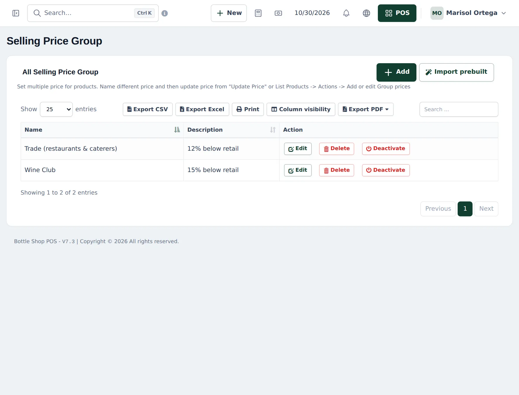 Selling Price Group list with Trade (restaurants & caterers) 12% below retail and Wine Club 15% below retail