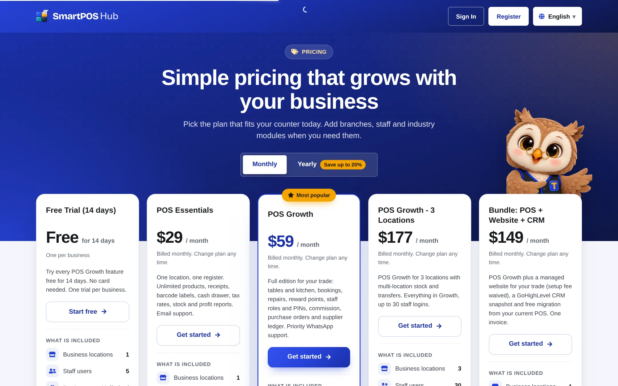 Plans with prices: Free Trial, POS Essentials, POS Growth, POS Growth 3 Locations and a bundle plan