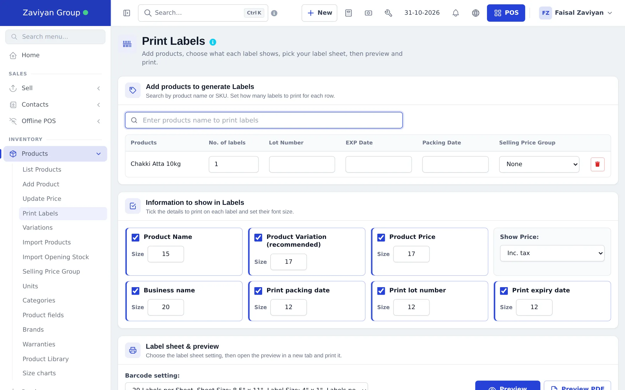 Print Labels page with Chakki Atta 10kg added, No. of labels 1, Lot Number, EXP Date, Packing Date and Selling Price Group None, and the Information to show in Labels options with sizes