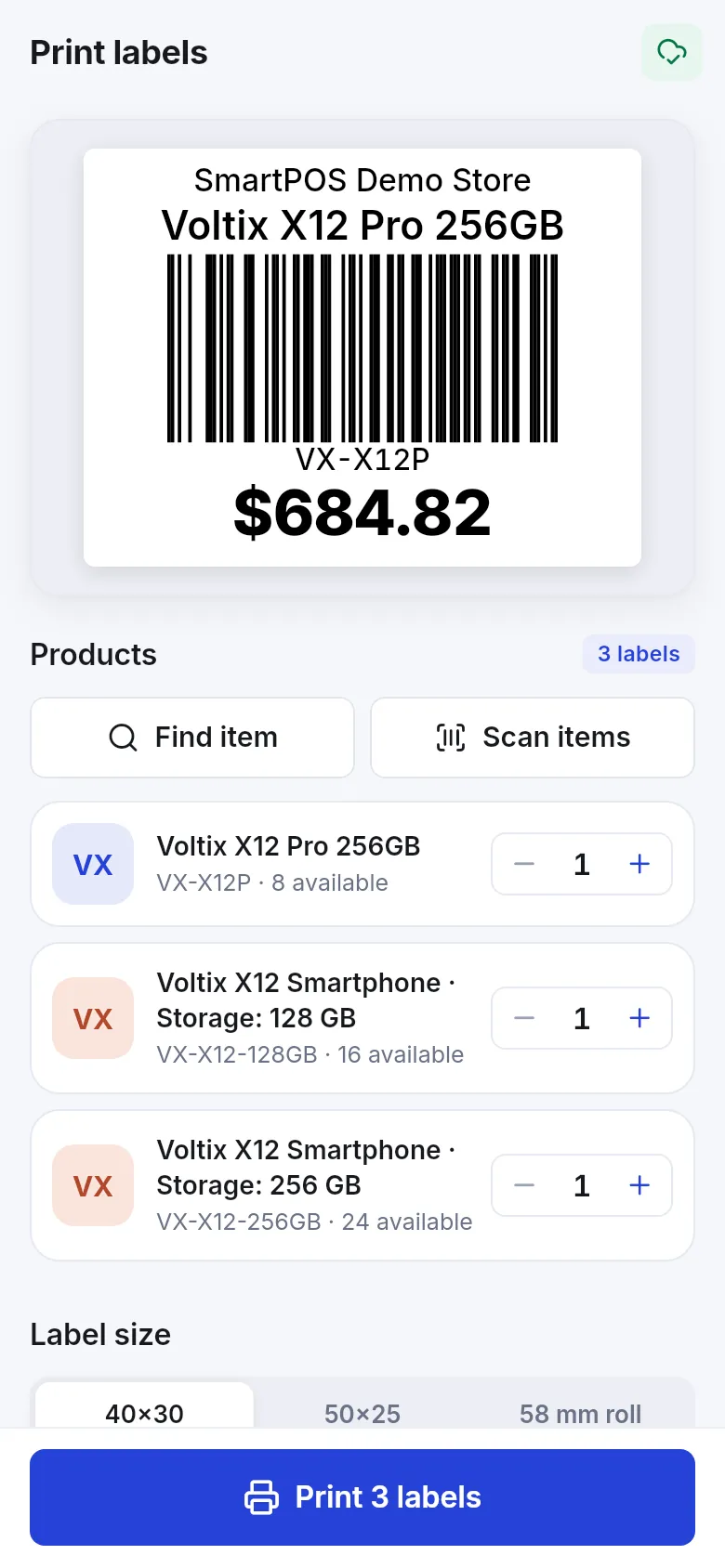 Print labels screen with a price label preview, three products with quantities, label sizes and Print 3 labels button