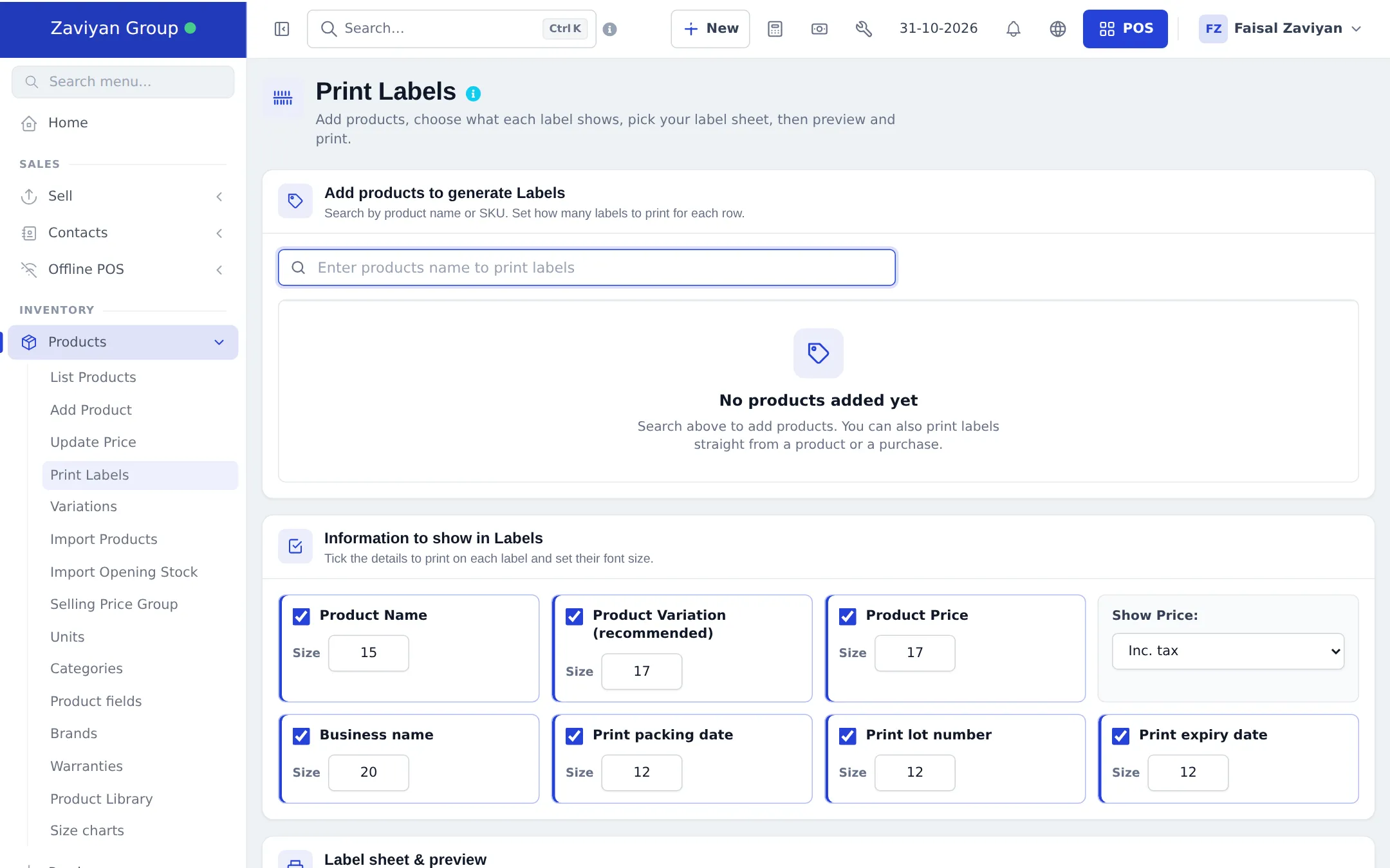 Print Labels page before adding products, showing the empty state No products added yet and the label information options