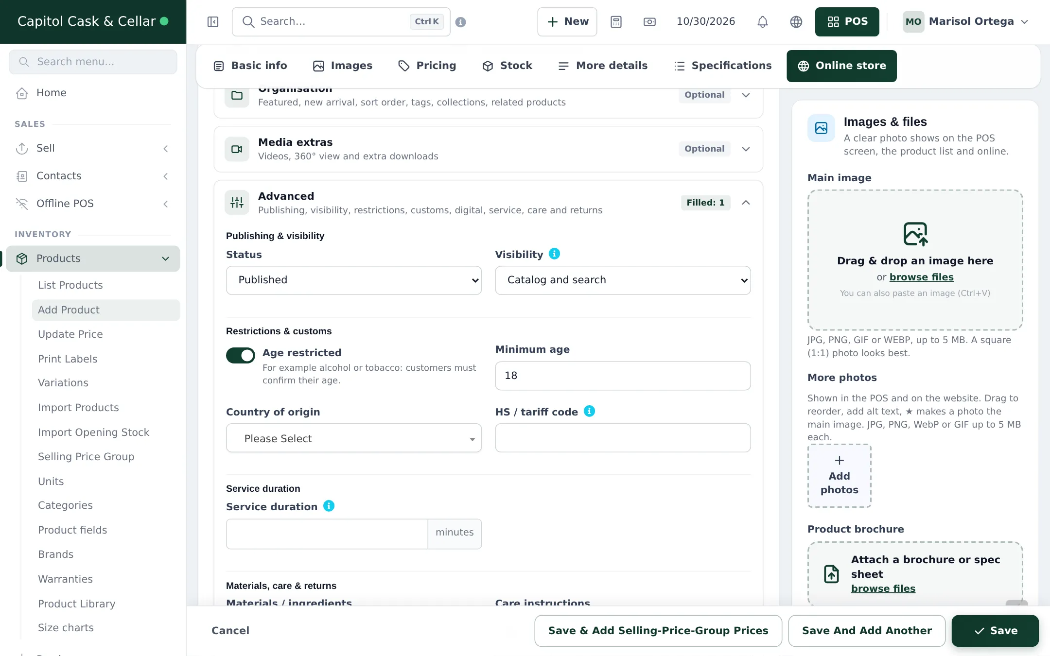 Product Online store tab with the Advanced section open, showing the Age restricted switch turned on with the help text For example alcohol or tobacco, and Minimum age 18