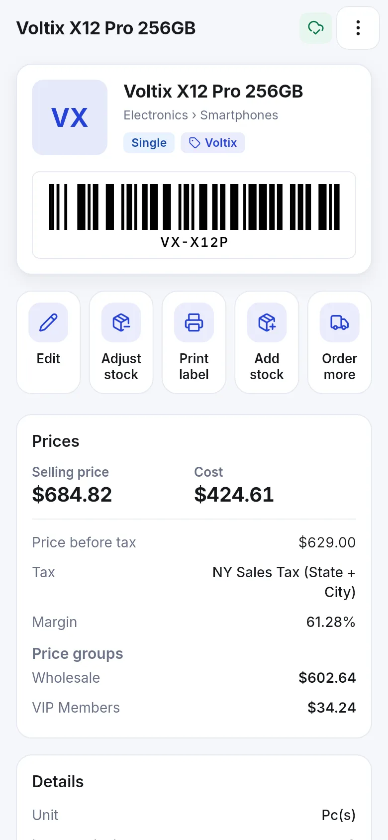 Product page in the app showing the product barcode and Edit, Adjust stock and Print label buttons