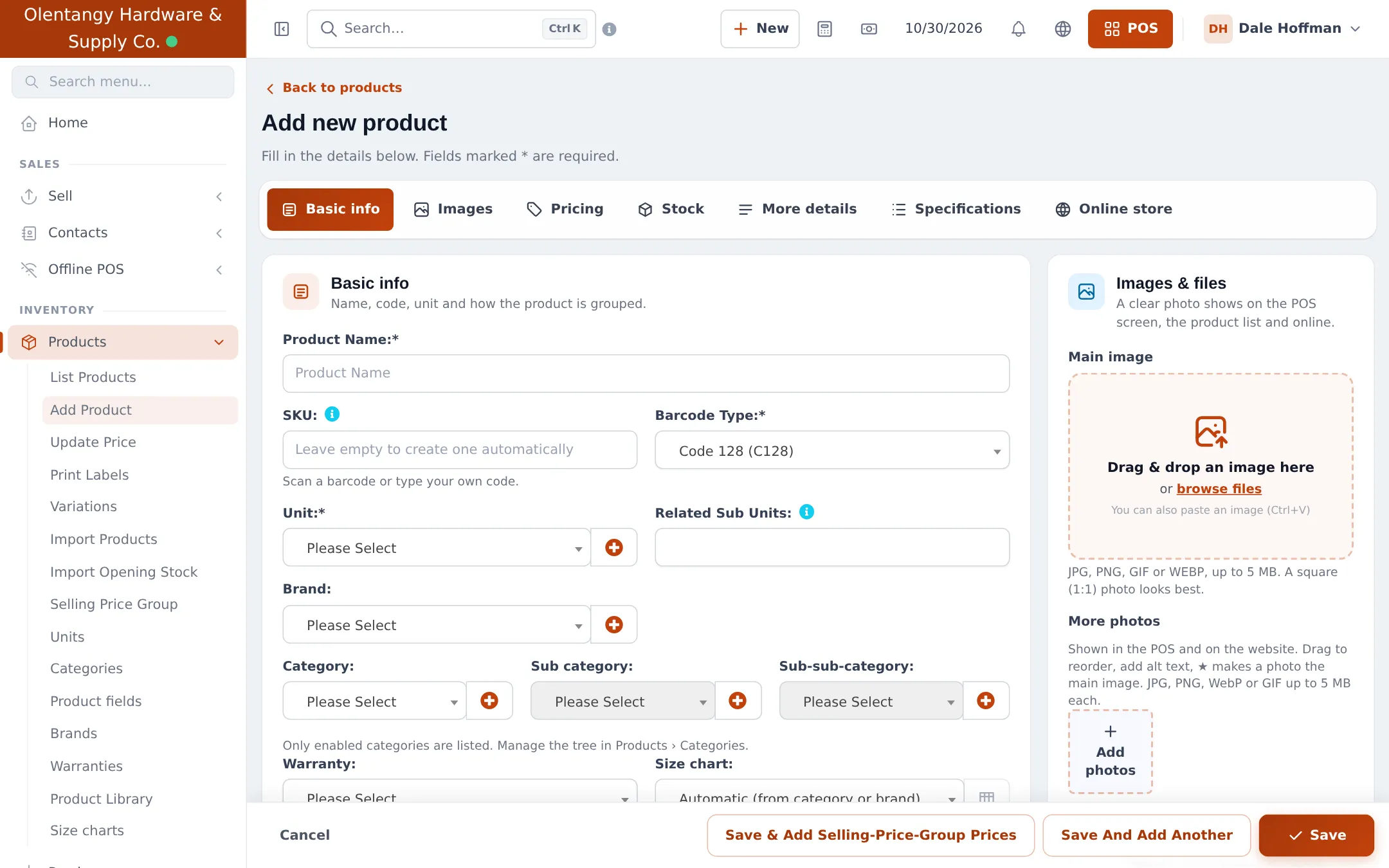 Add new product form, Basic info tab, with Unit and Related Sub Units fields highlighted