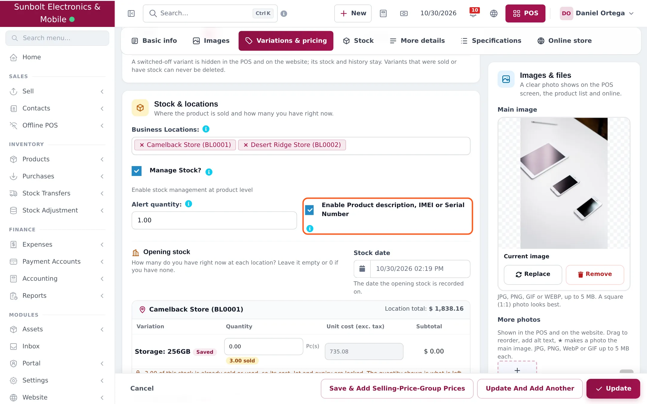 Edit product page with the Enable Product description, IMEI or Serial Number option ticked in the Stock and locations section