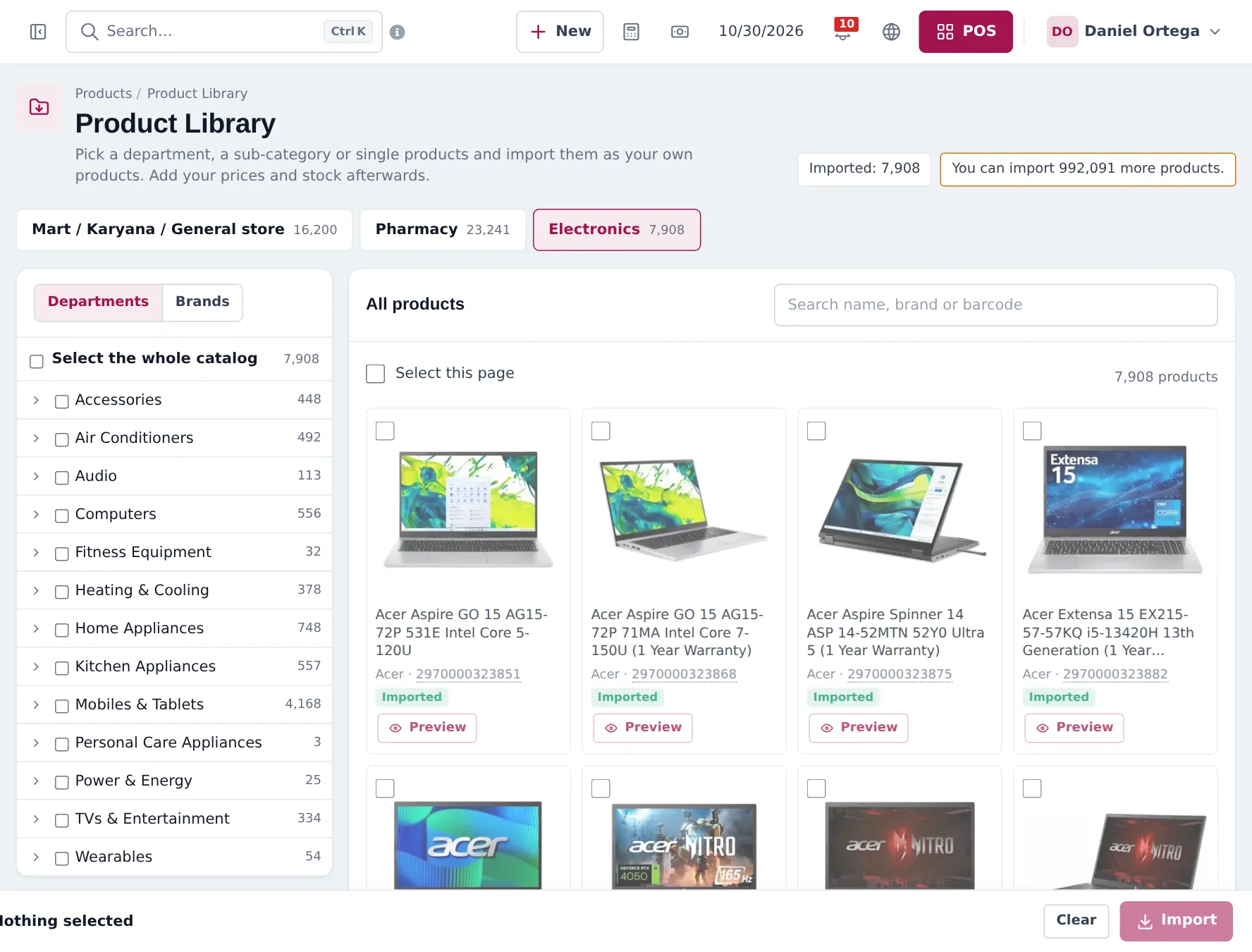Product Library Electronics catalog with departments from Accessories to Wearables and laptop product cards marked Imported