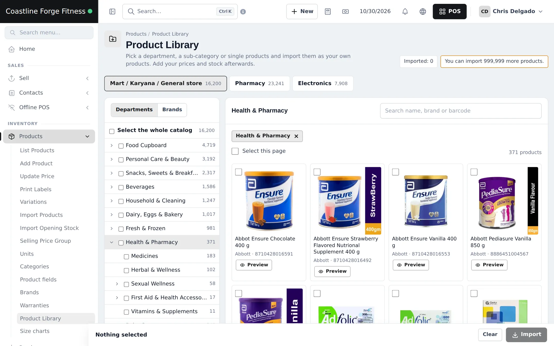 Product Library with the Health and Pharmacy department open, sub-categories such as Vitamins and Supplements and Herbal and Wellness, and nutrition supplement tins with barcodes