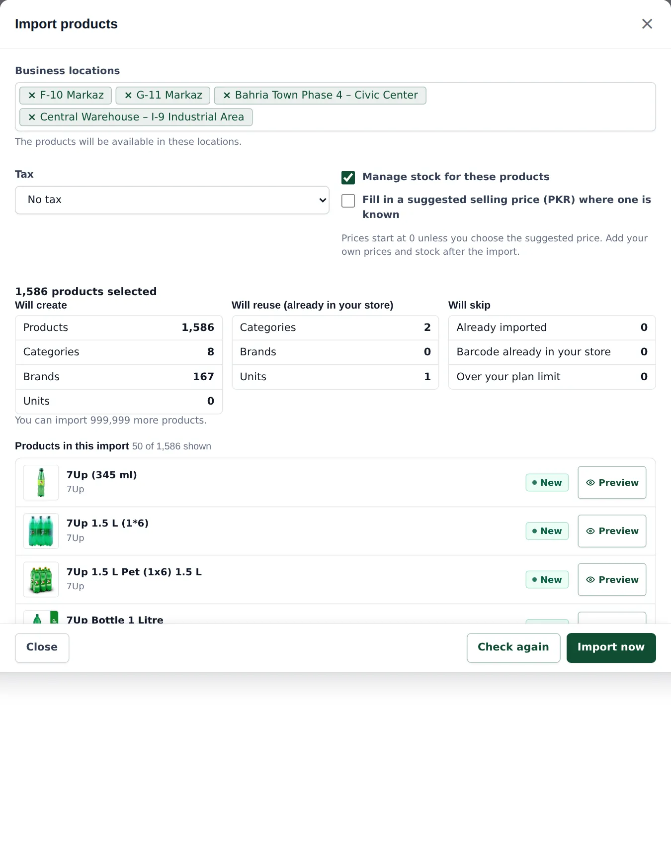 Import products window with four business locations, No tax, Manage stock ticked, and the check: will create 1,586 products, 8 categories, 167 brands; will reuse 2 categories and 1 unit; will skip 0