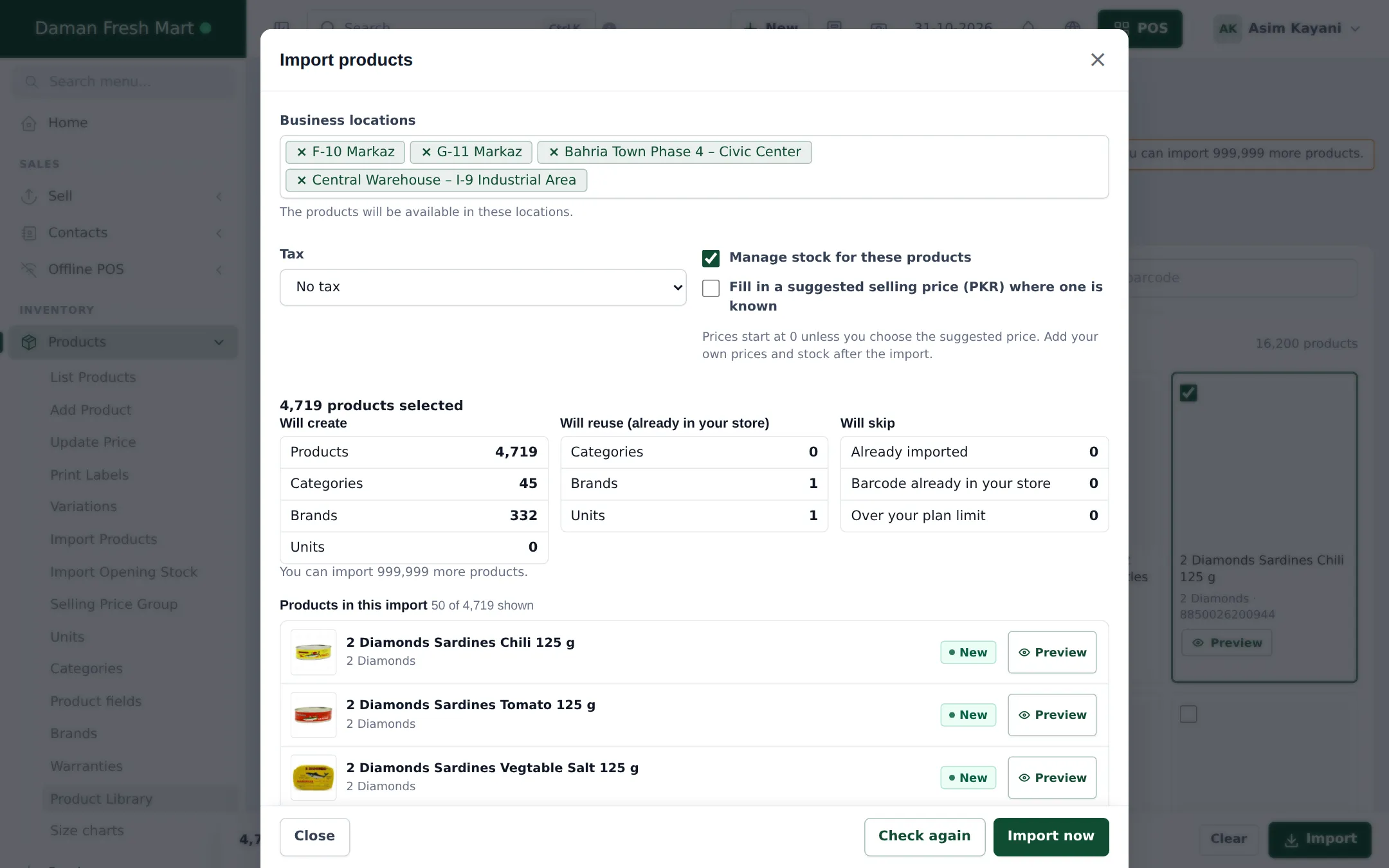Import products window with locations, tax, manage stock option, and a check showing 4,719 products, 45 categories and 332 brands to create