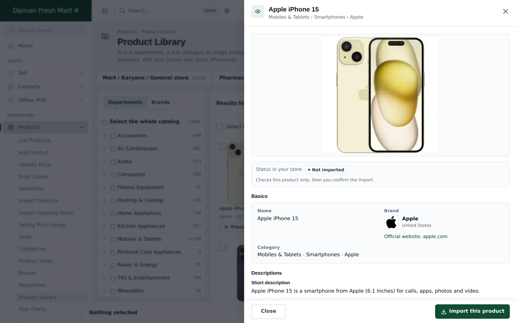 Preview panel for Apple iPhone 15 showing the photo, status Not imported, brand Apple with United States and official website, and category Mobiles & Tablets › Smartphones › Apple
