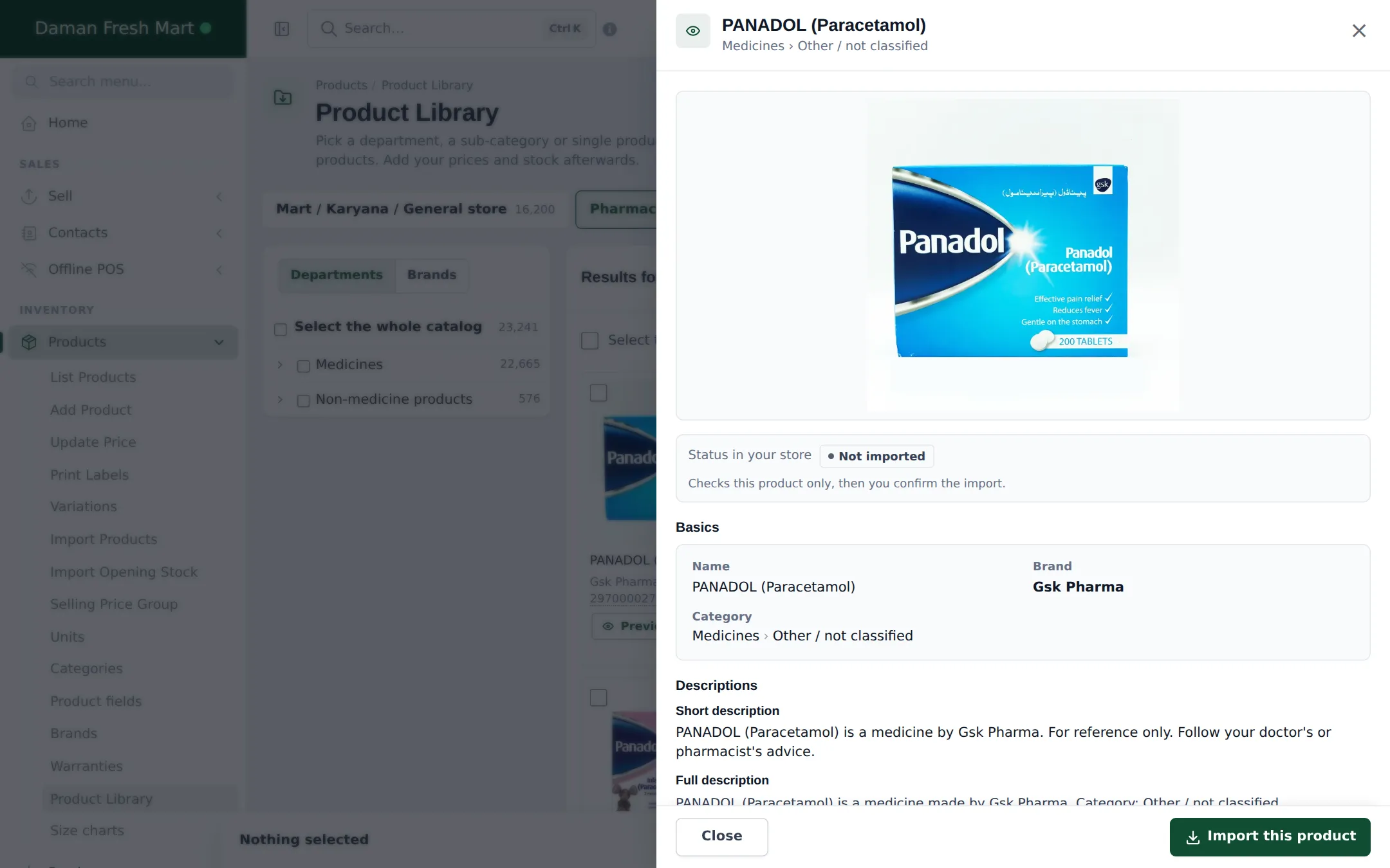 Preview panel for PANADOL (Paracetamol) in the Pharmacy catalog with photo, brand Gsk Pharma and short description