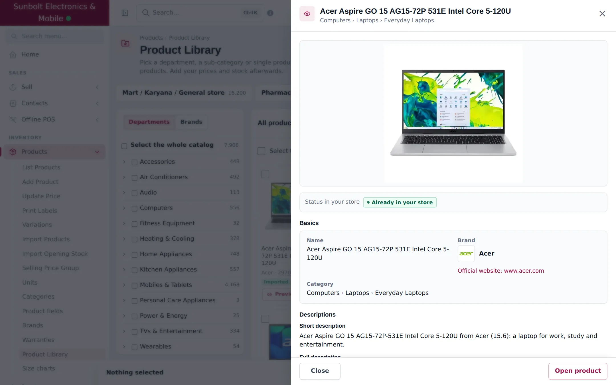Product preview drawer showing a laptop photo, status in your store, brand, category and short description