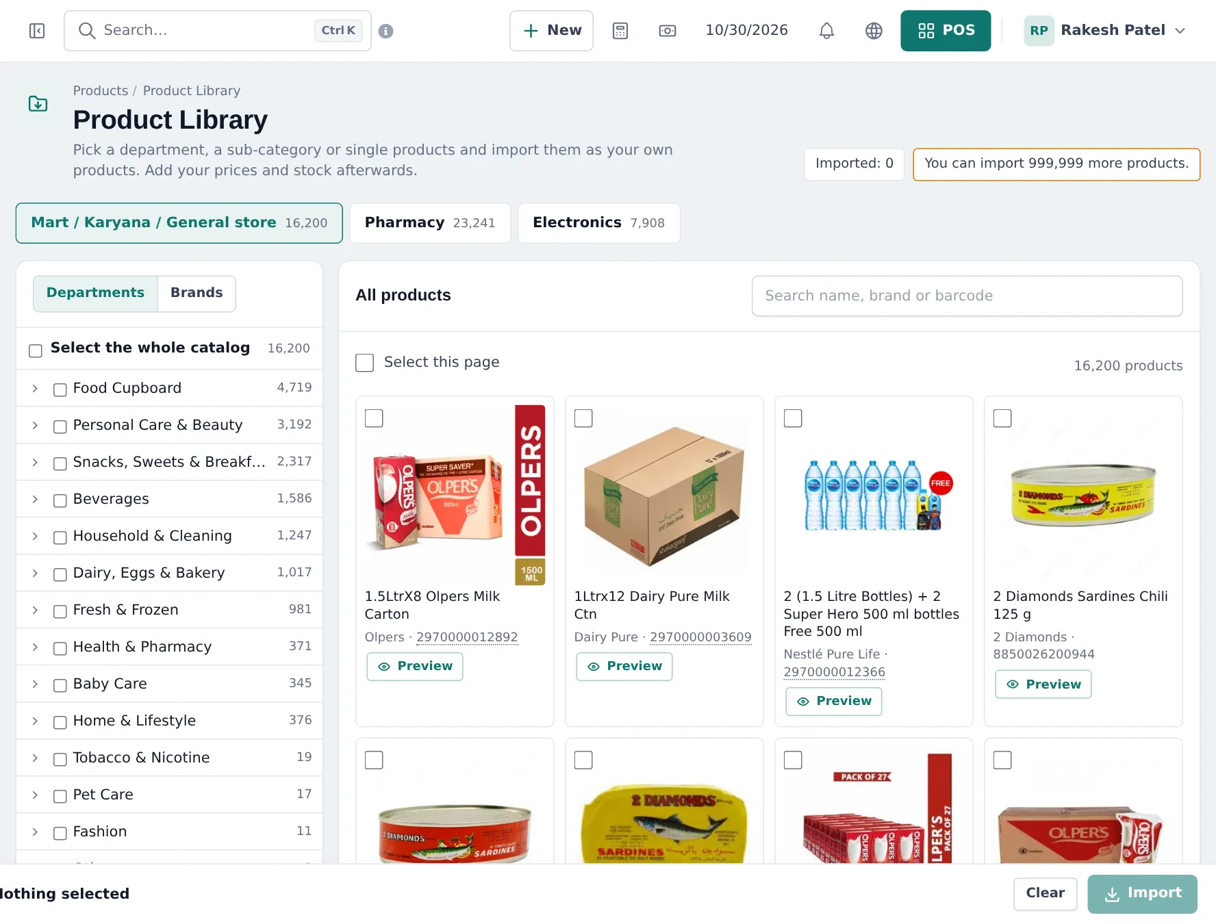 Product Library with the Mart / Karyana / General store catalog of 16,200 products, departments on the left with counts and product cards with barcodes and Preview buttons