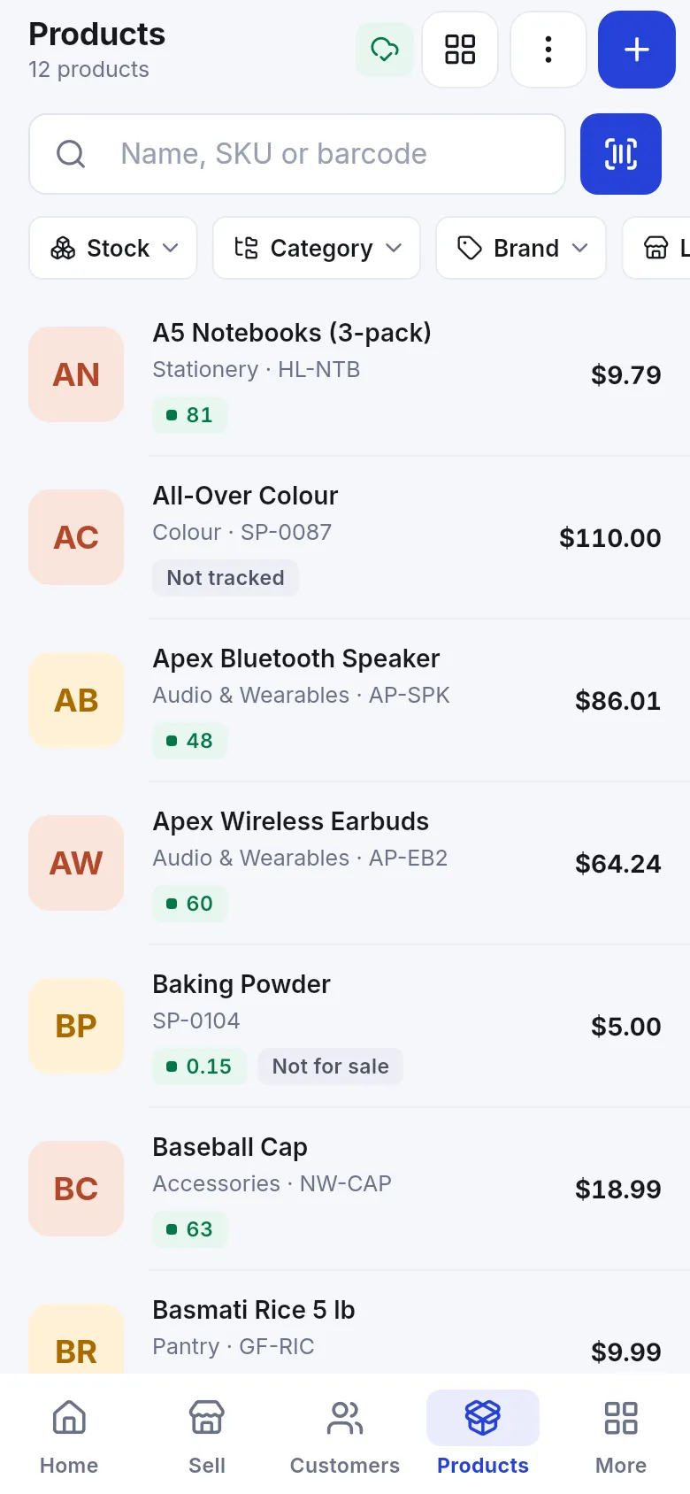 Products list with search by name, SKU or barcode, filters and stock badges