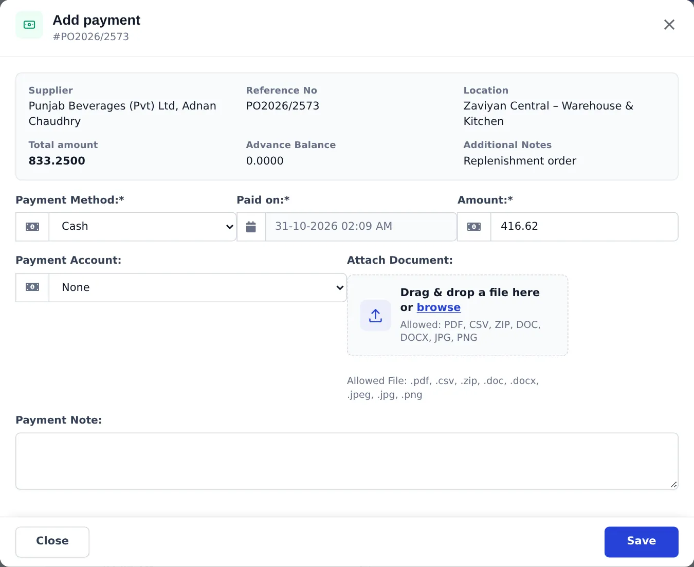 Add payment window for a purchase with payment method Cash, paid on date, amount and payment account