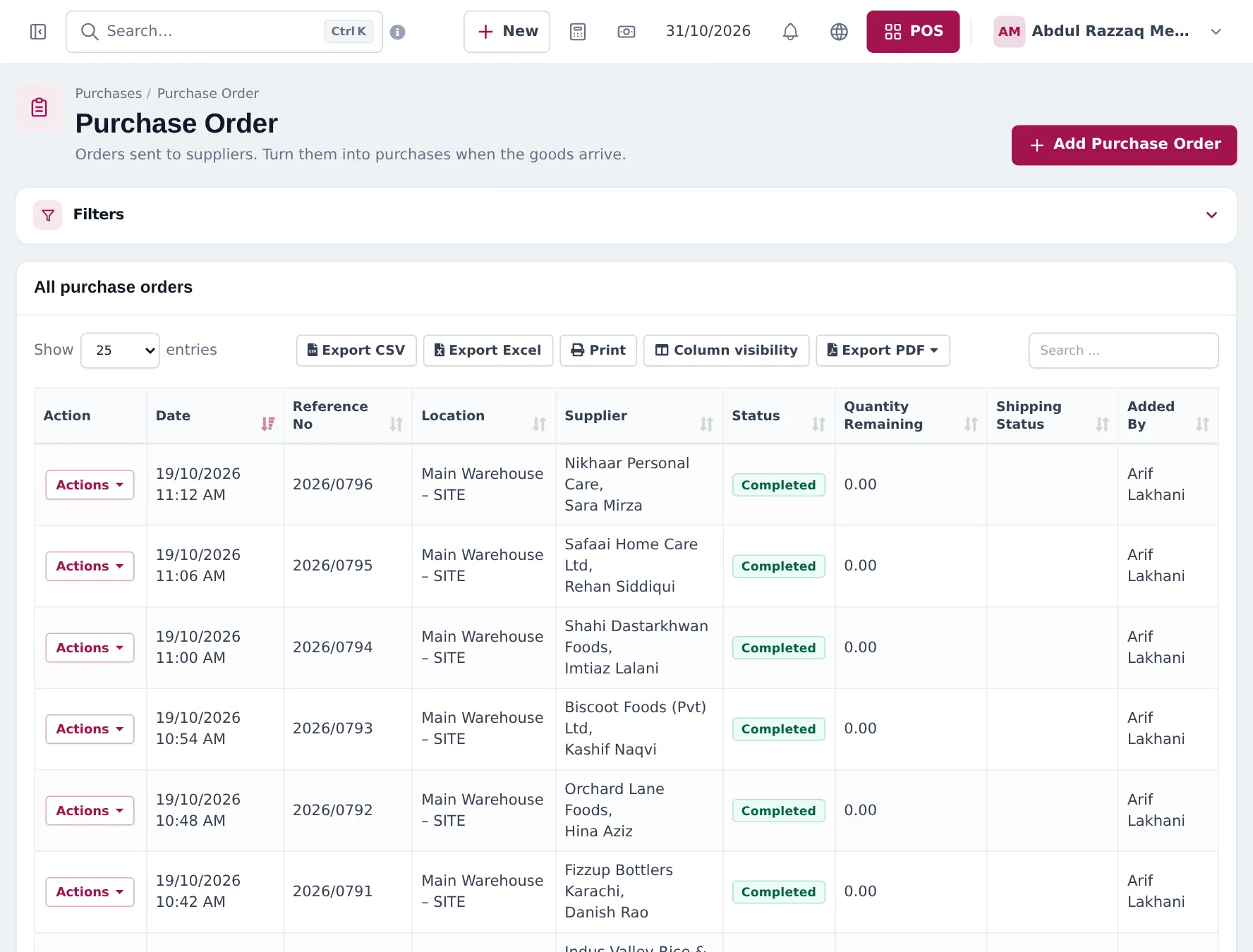 Purchase Order list with dates, reference numbers, Main Warehouse location, suppliers, status Completed and quantity remaining 0