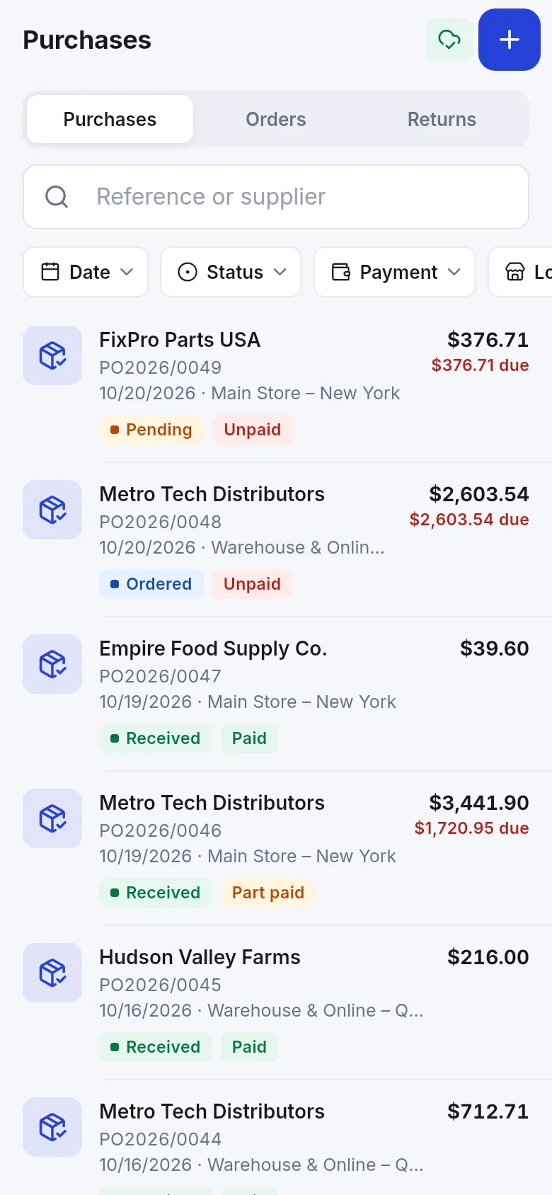 Purchases list with tabs Purchases, Orders and Returns, filters and status and payment badges