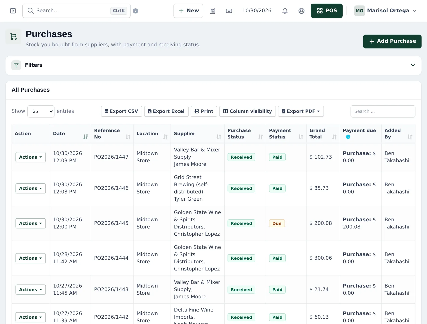 Purchases list with distributors, purchase status Received, payment status Paid or Due, totals and payment due