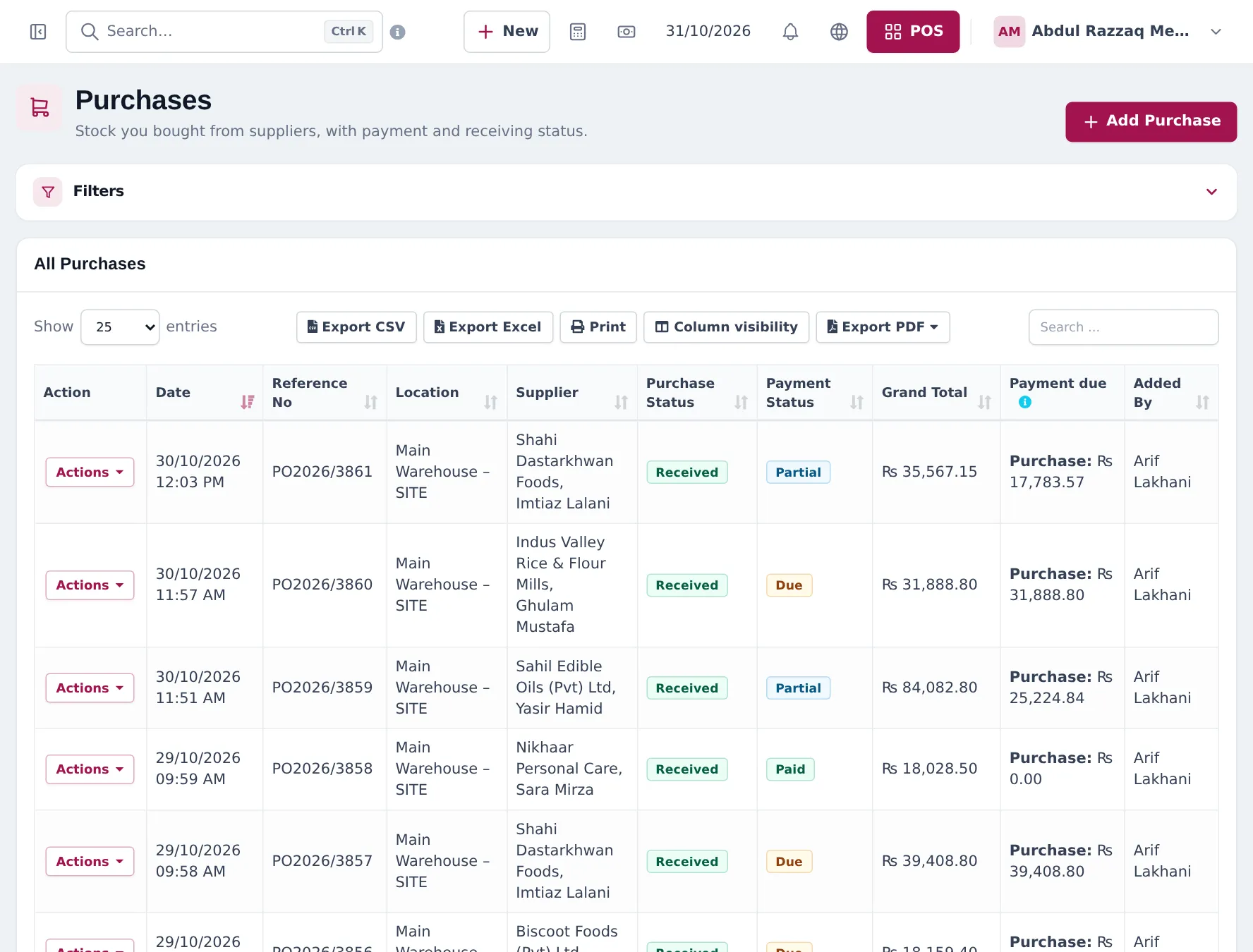 Purchases list with reference numbers, Main Warehouse, suppliers, purchase status Received, payment status Partial, Due or Paid, totals and payment due
